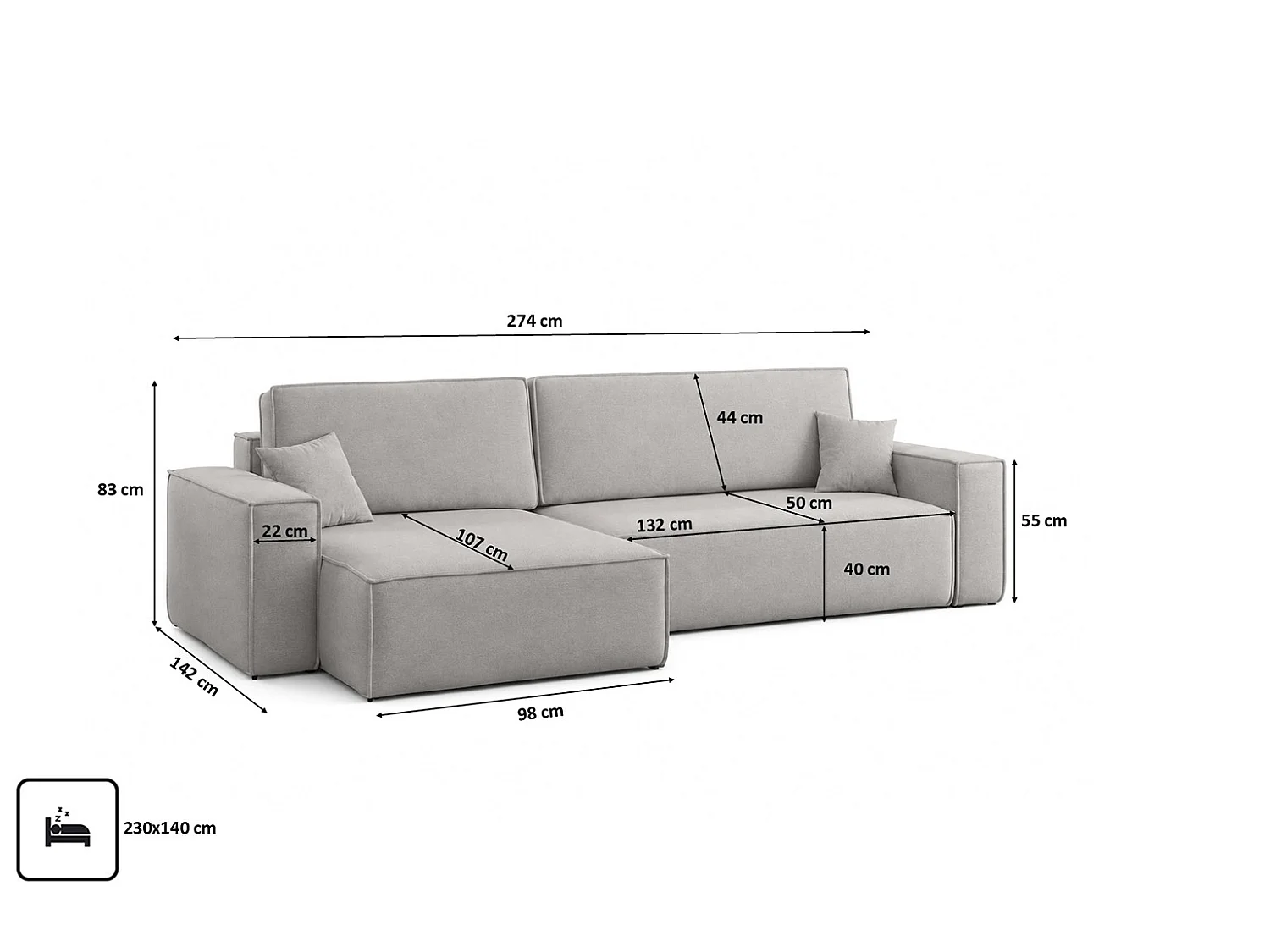 Canapé d’angle en L avec fonction couchage et coffre de rangement, tissu velours Bluvel, gris, gauche, BEST XL