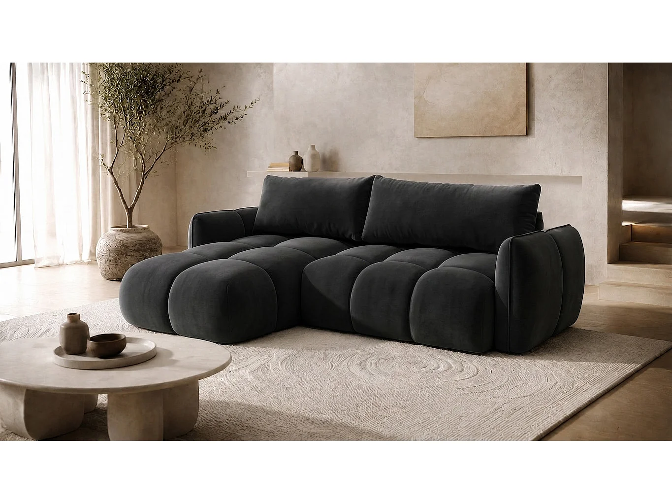 Divano angolare a L con funzione letto, tessuto velluto Bluvel, nero, sinistra, BELVEDER L