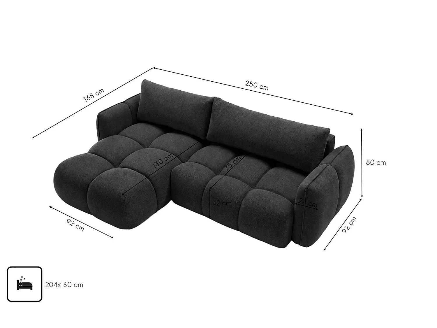 Divano angolare a L con funzione letto, tessuto velluto Bluvel, nero, sinistra, BELVEDER L