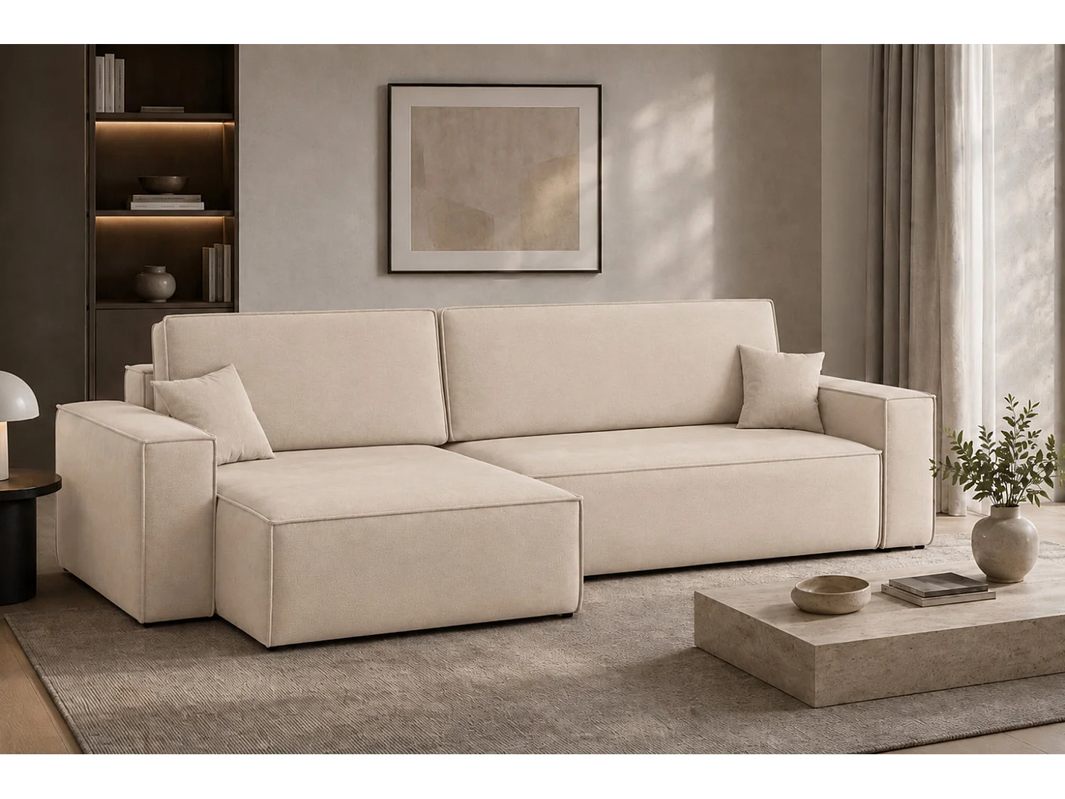 Divano angolare a L con funzione letto e contenitore, tessuto velluto Bluvel, crema, sinistro, BEST XL
