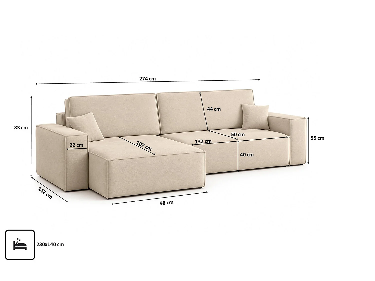 Divano angolare a L con funzione letto e contenitore, tessuto velluto Bluvel, crema, sinistro, BEST XL