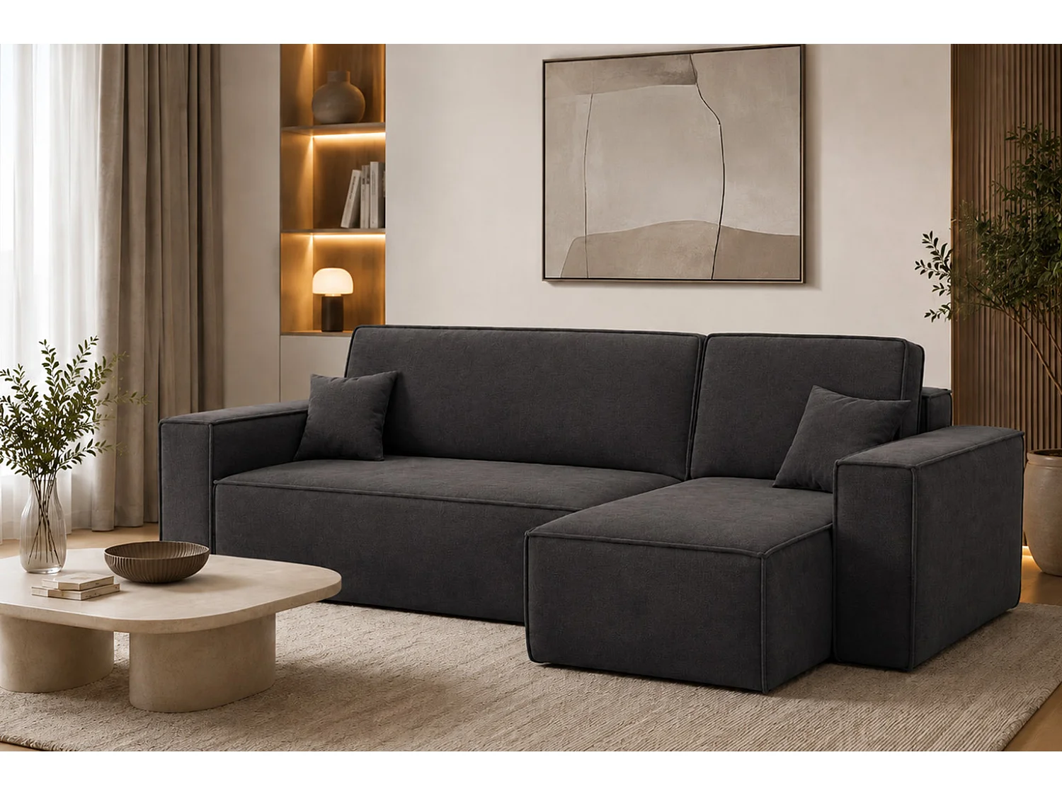 Canapé d’angle en L avec fonction couchage et coffre de rangement, tissu velours Bluvel, noir, droite, BEST L