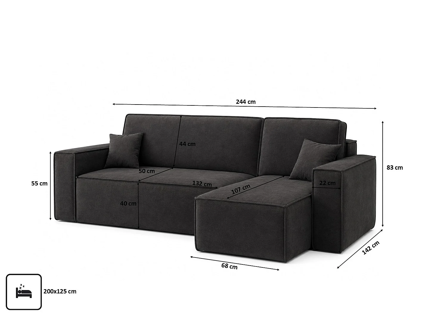 Canapé d’angle en L avec fonction couchage et coffre de rangement, tissu velours Bluvel, noir, droite, BEST L