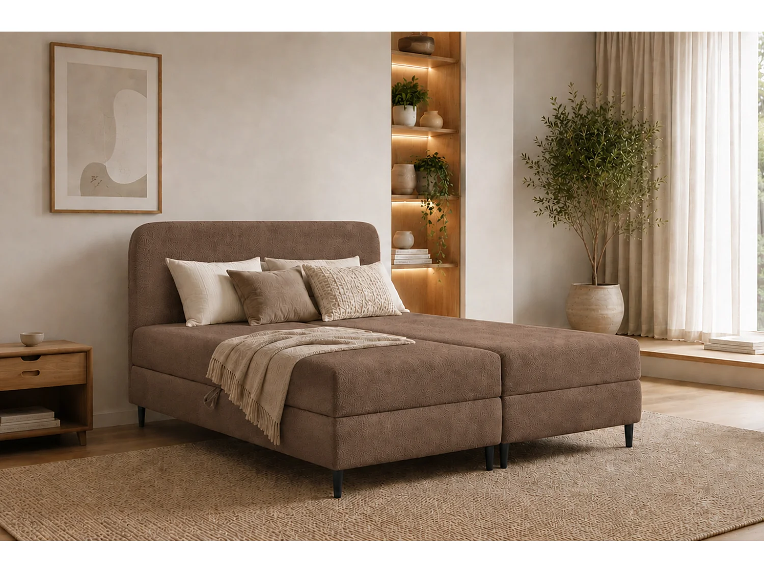 Lit boxspring avec deux coffres de rangement, tissu bouclé Lambi, marron, 160x200 cm, FUBU