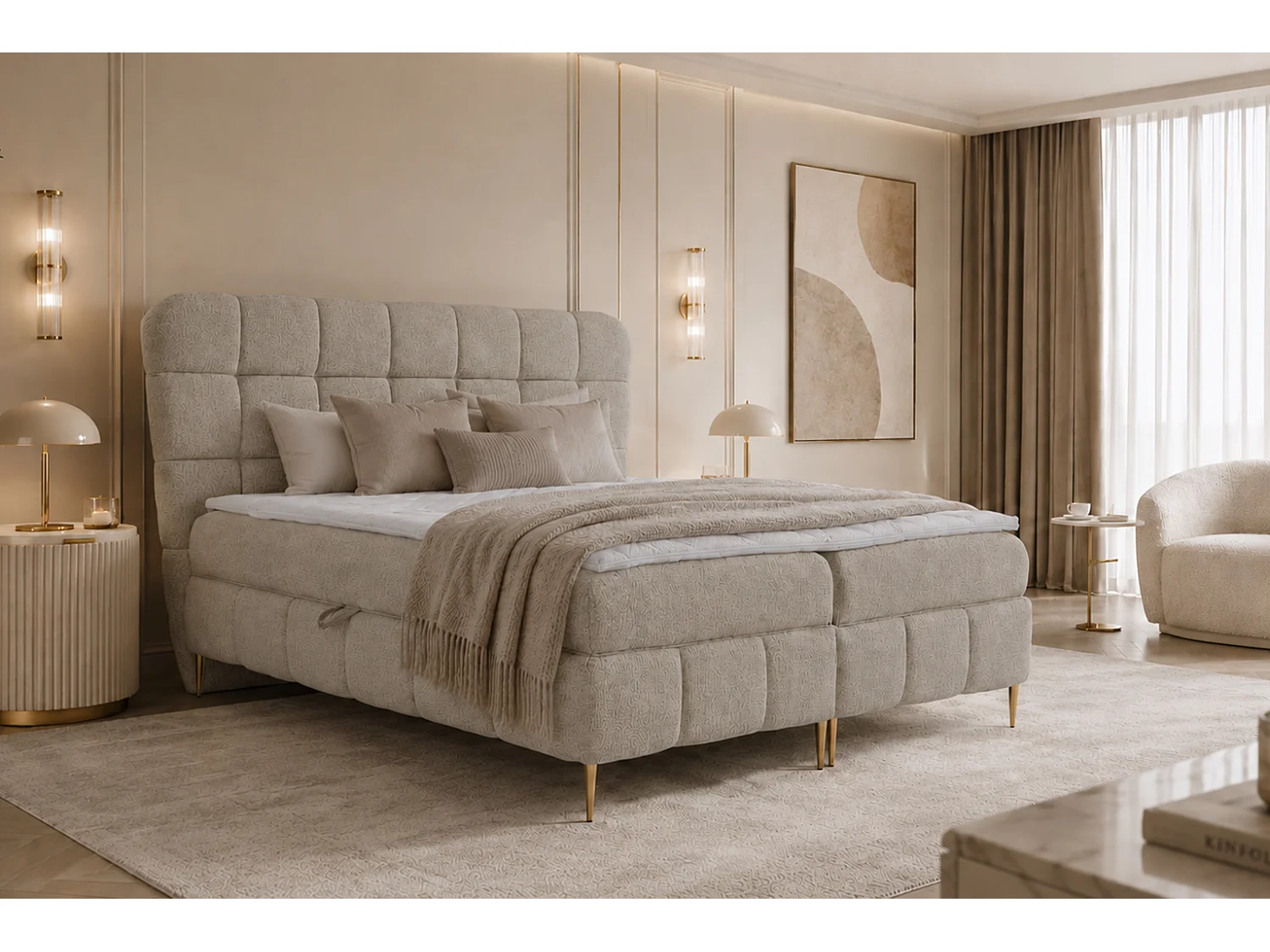Lit boxspring avec deux coffres de rangement, tissu Corbett, beige, 120x200 cm, LOLLY