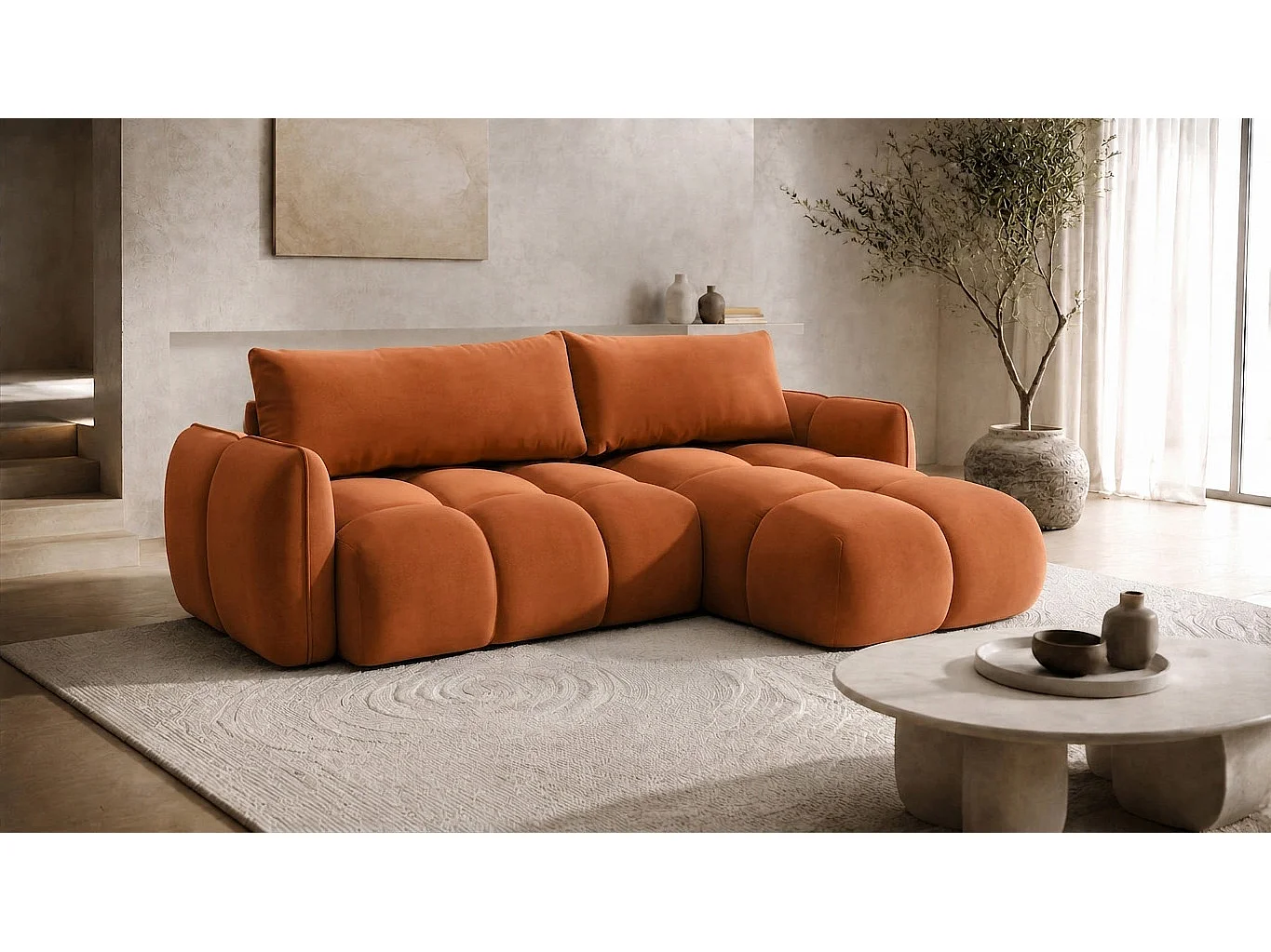 Divano angolare a L con funzione letto, tessuto velluto Bluvel, color cannella, destra, BELVEDER L