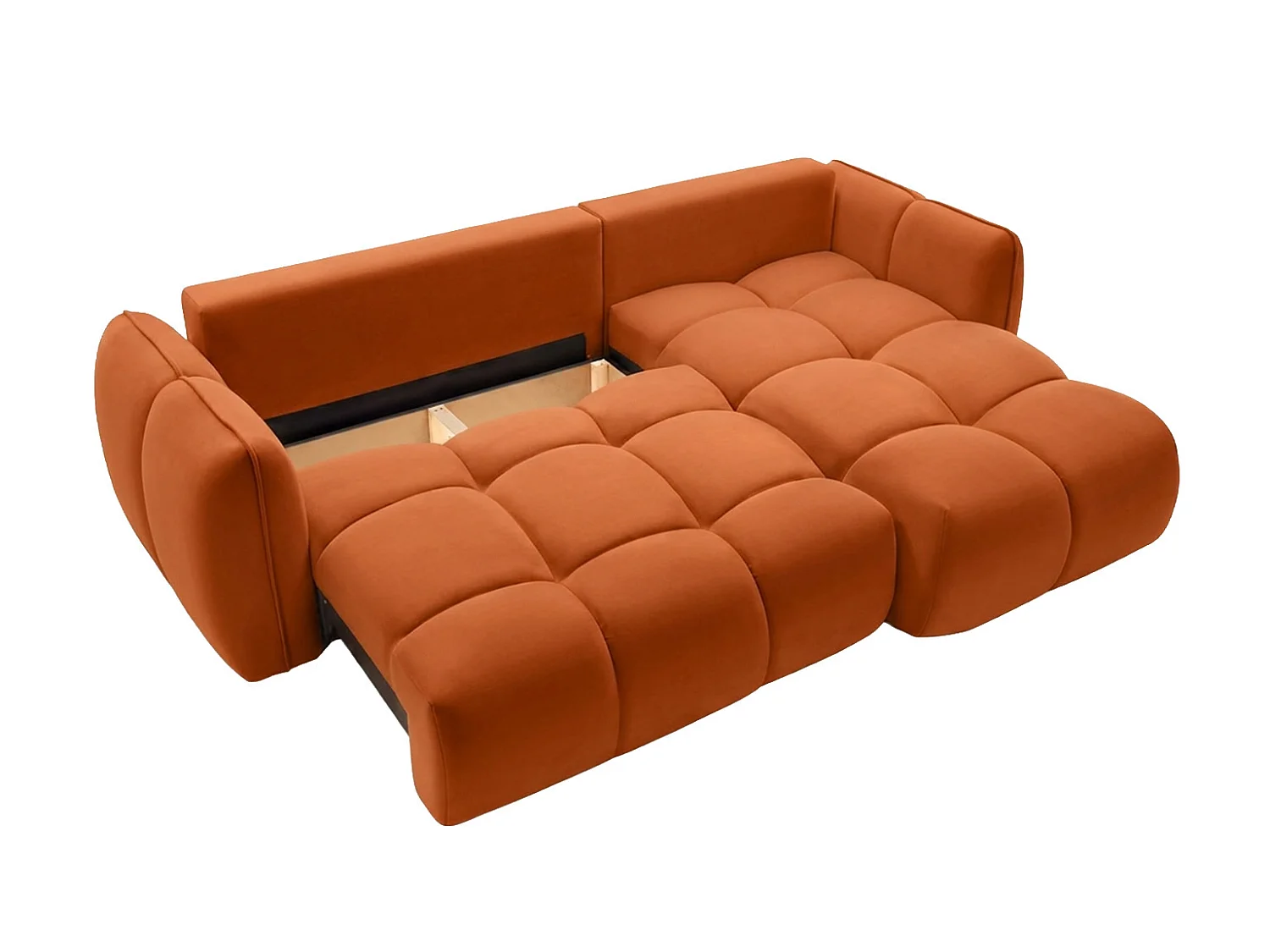 Divano angolare a L con funzione letto, tessuto velluto Bluvel, color cannella, destra, BELVEDER L