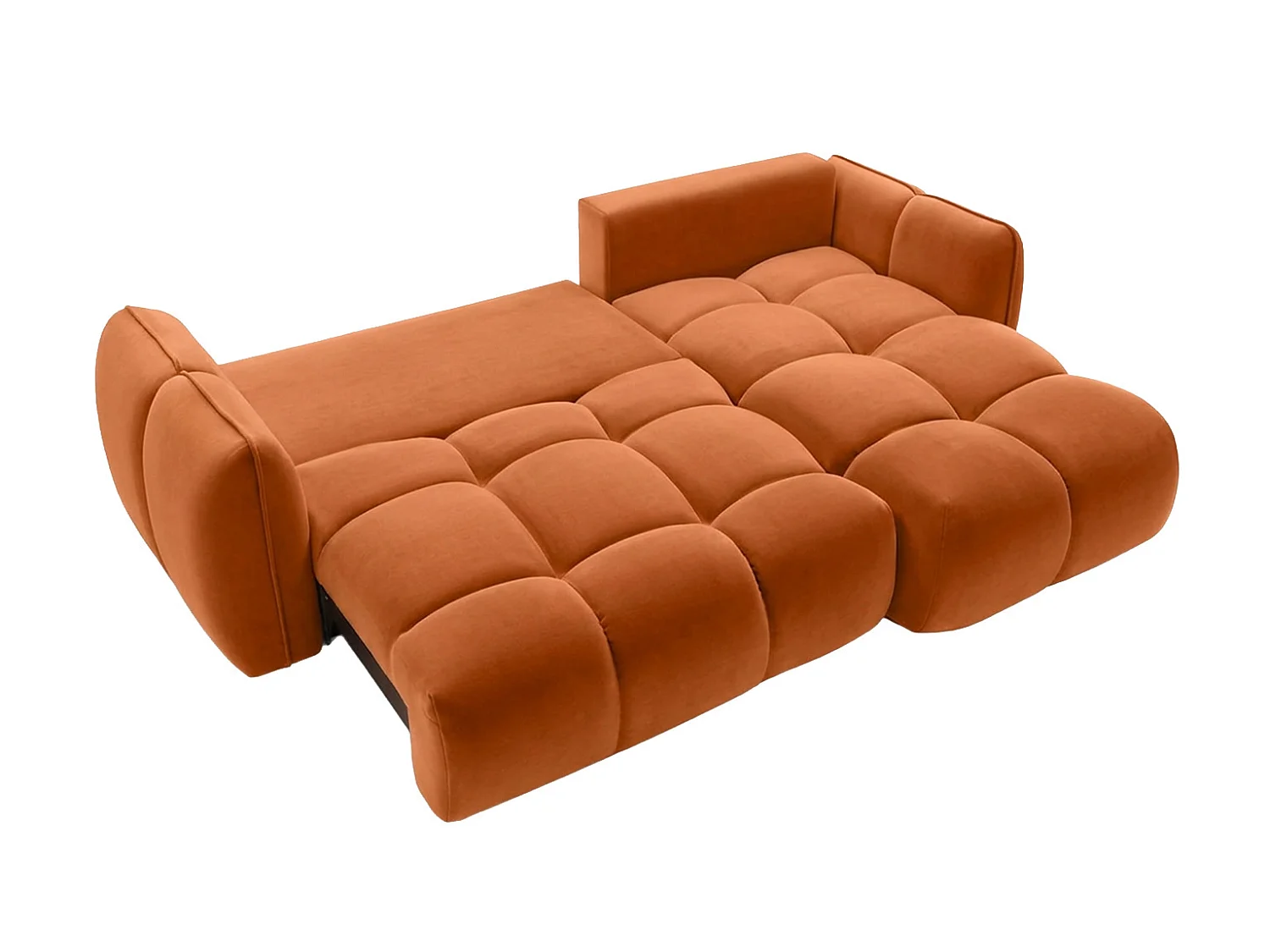 Divano angolare a L con funzione letto, tessuto velluto Bluvel, color cannella, destra, BELVEDER L