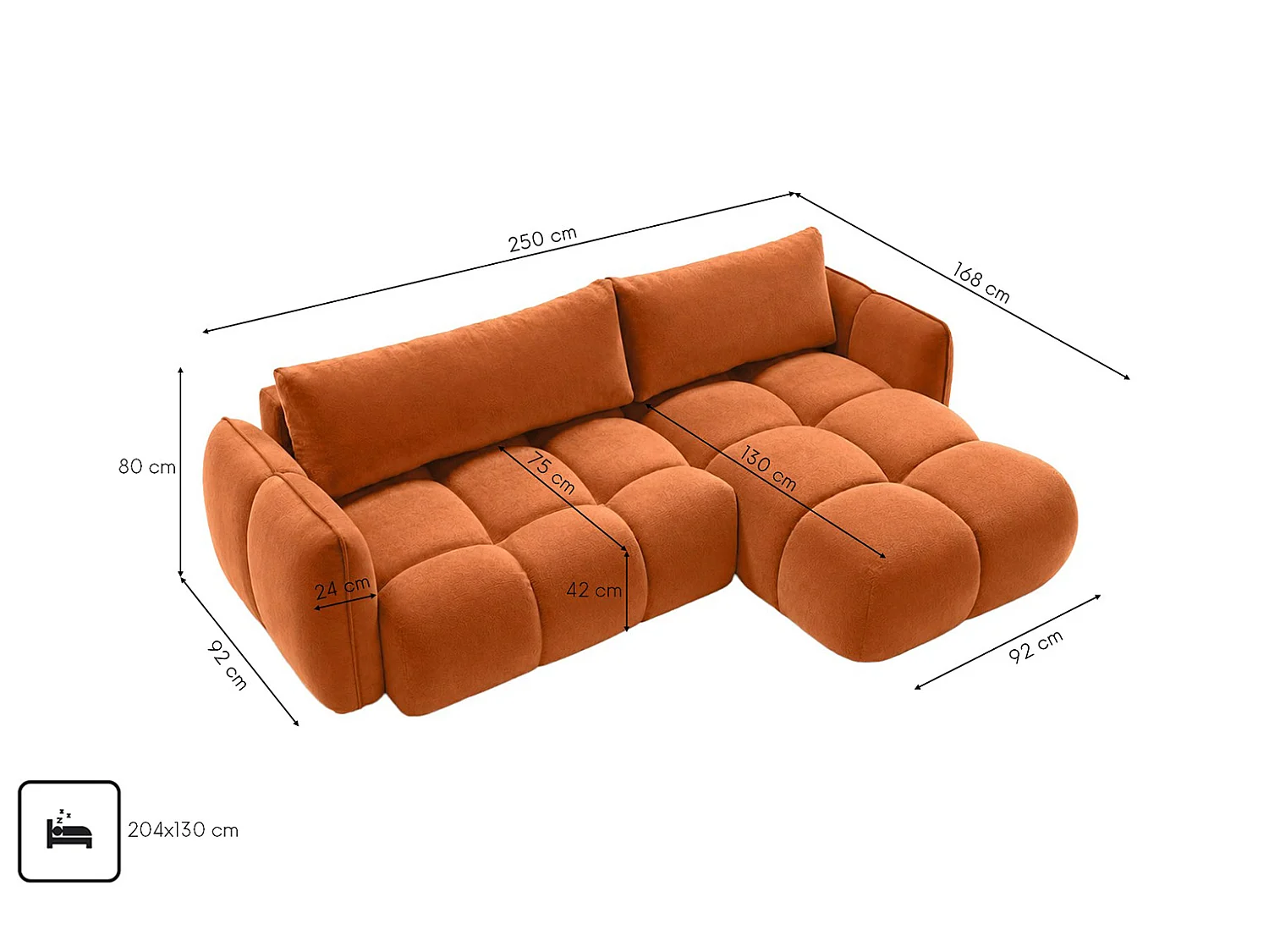 Divano angolare a L con funzione letto, tessuto velluto Bluvel, color cannella, destra, BELVEDER L