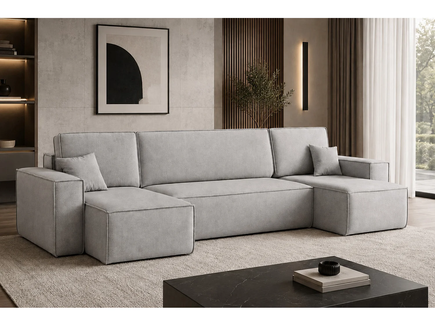 Canapé d’angle en U avec fonction couchage et coffre de rangement, tissu velours Bluvel, gris, BEST U
