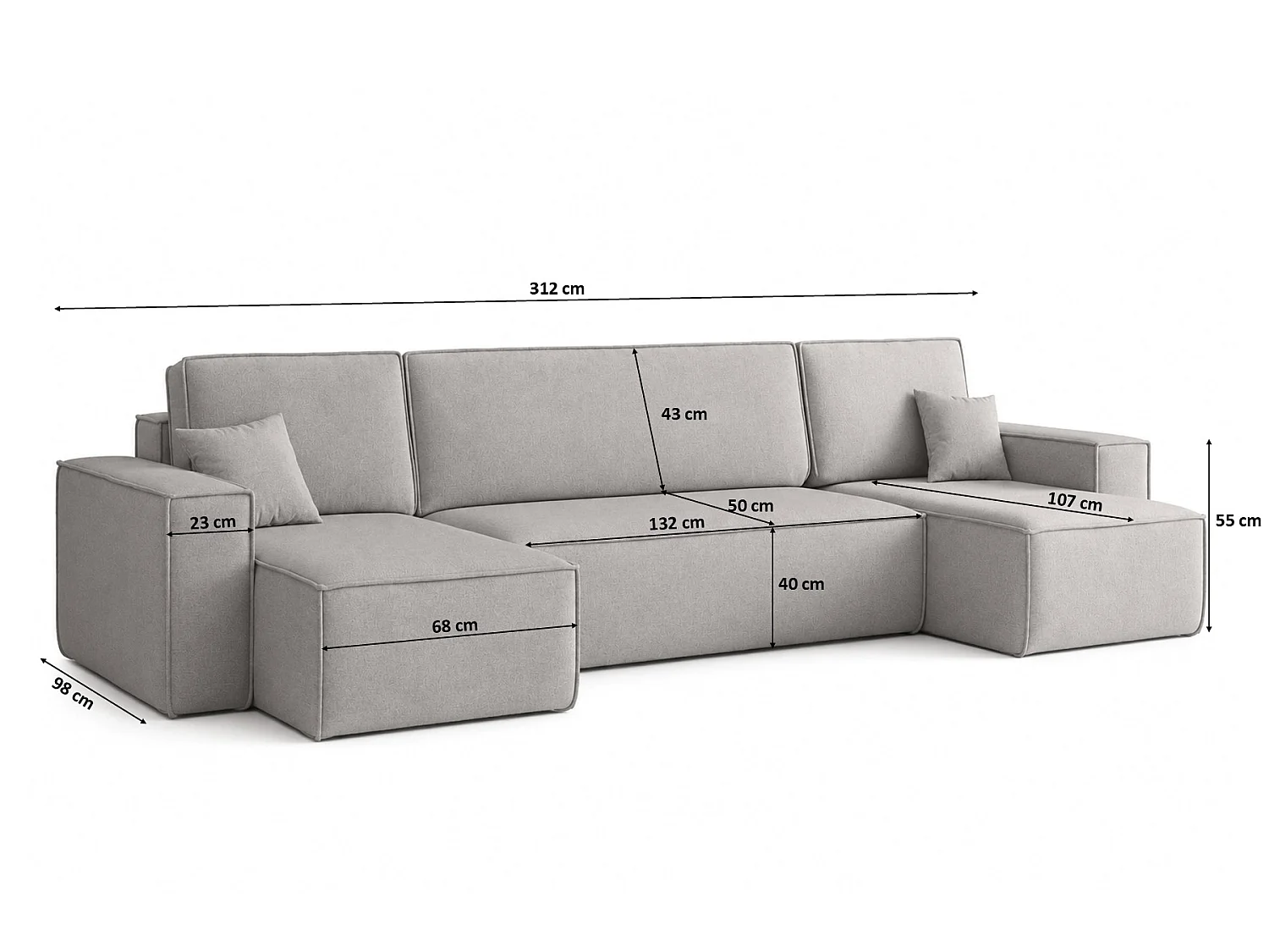 Canapé d’angle en U avec fonction couchage et coffre de rangement, tissu velours Bluvel, gris, BEST U