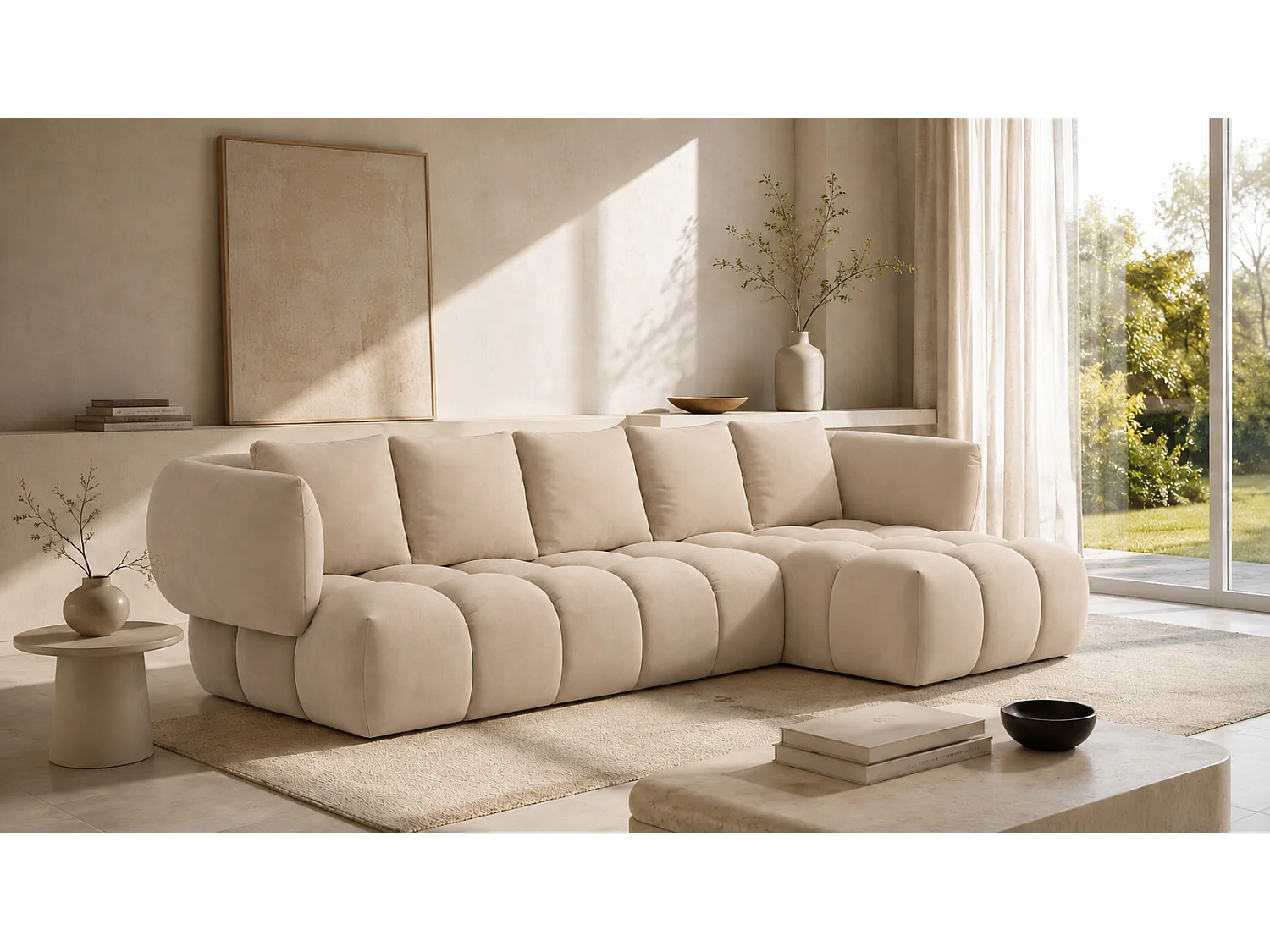 Divano angolare a L, tessuto velluto Bluvel, crema, destra, SEVIO L