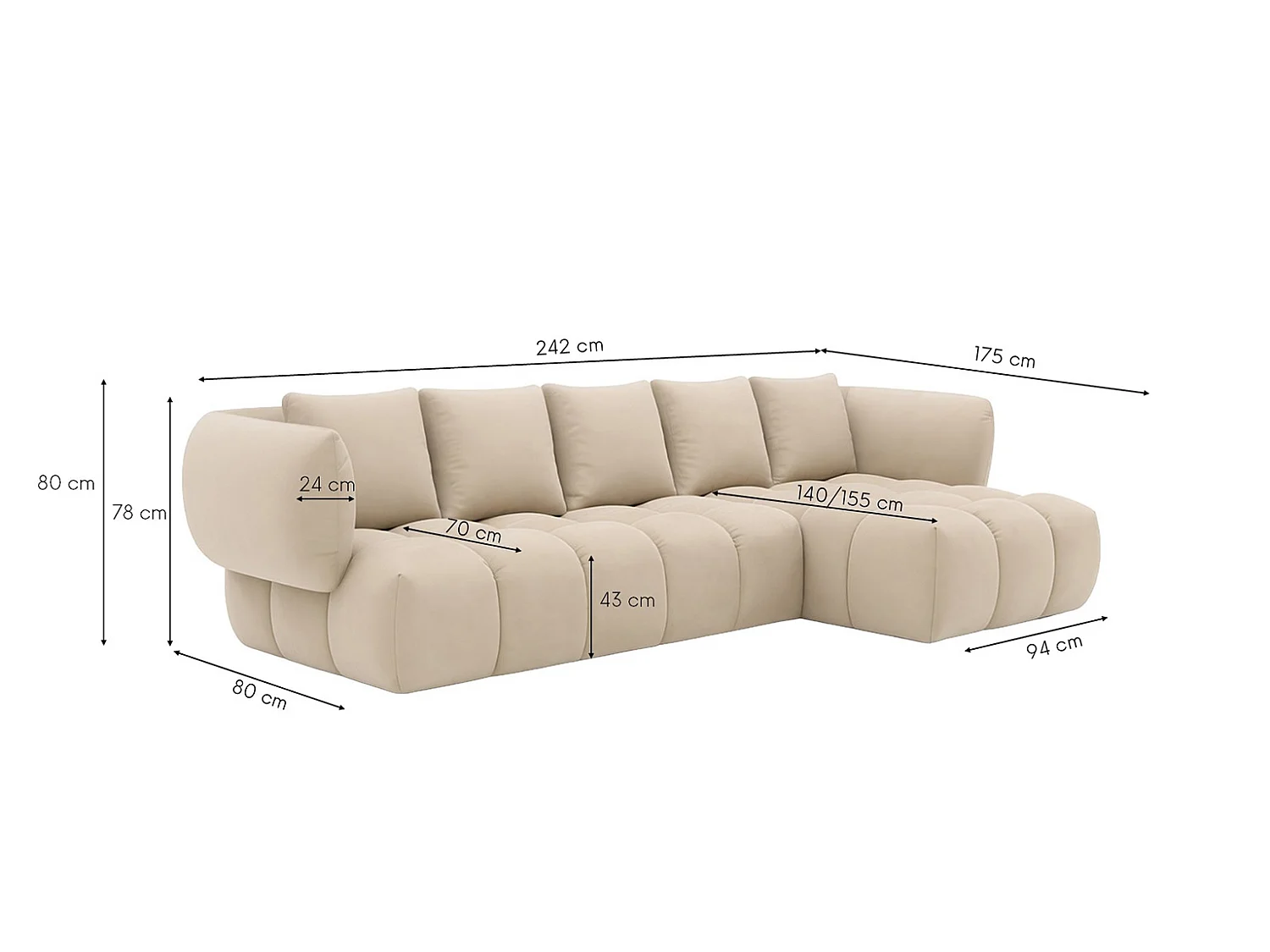 Divano angolare a L, tessuto velluto Bluvel, crema, destra, SEVIO L