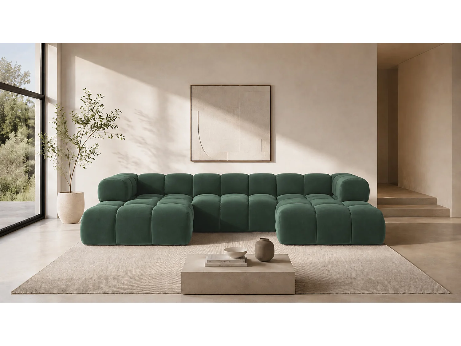 Divano angolare a U, tessuto velluto Bluvel, verde, Averro U