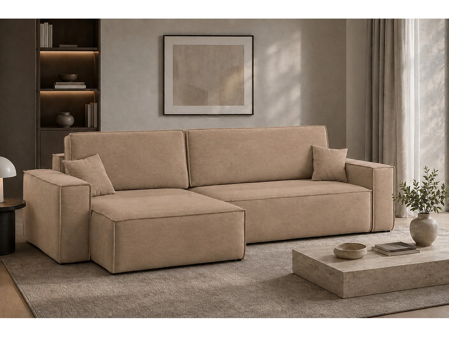 Divano angolare a L con funzione letto e contenitore, tessuto velluto Bluvel, latte, sinistro, BEST XL
