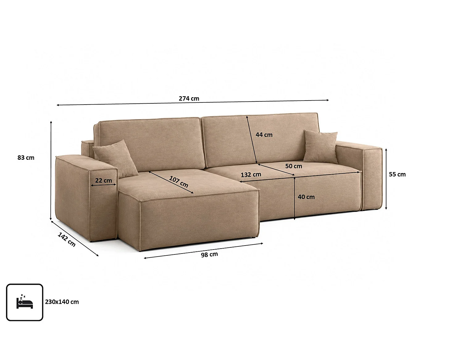 Divano angolare a L con funzione letto e contenitore, tessuto velluto Bluvel, latte, sinistro, BEST XL
