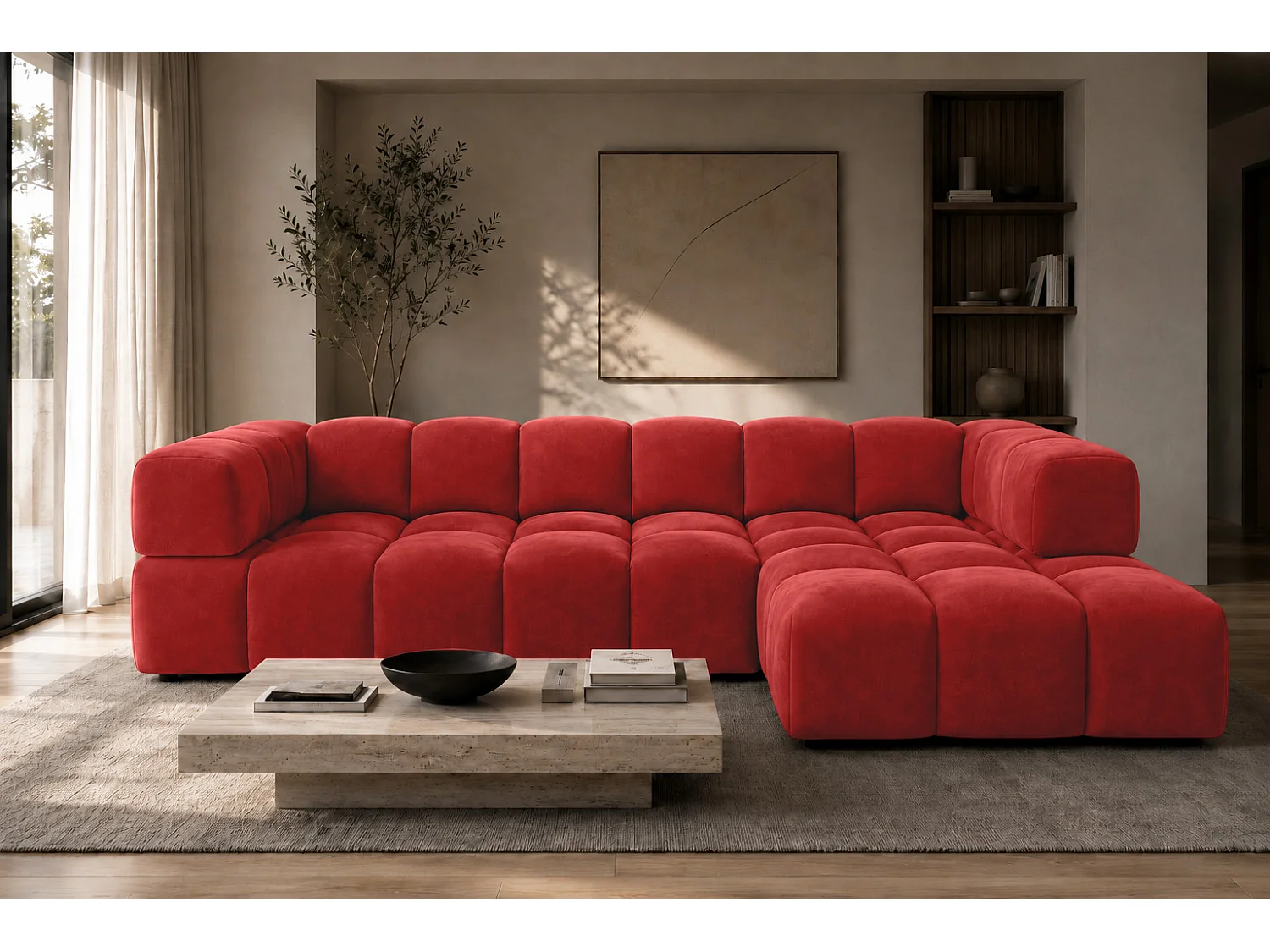 Divano angolare a L, tessuto velluto Bluvel, rosso vino, destra, Averro XL