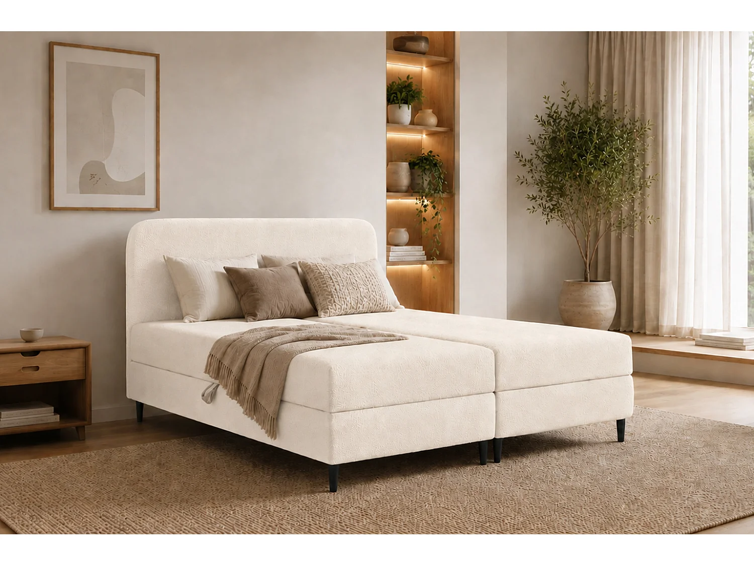 Lit boxspring avec deux coffres de rangement, tissu bouclé Lambi, écru, 120x200 cm, FUBU