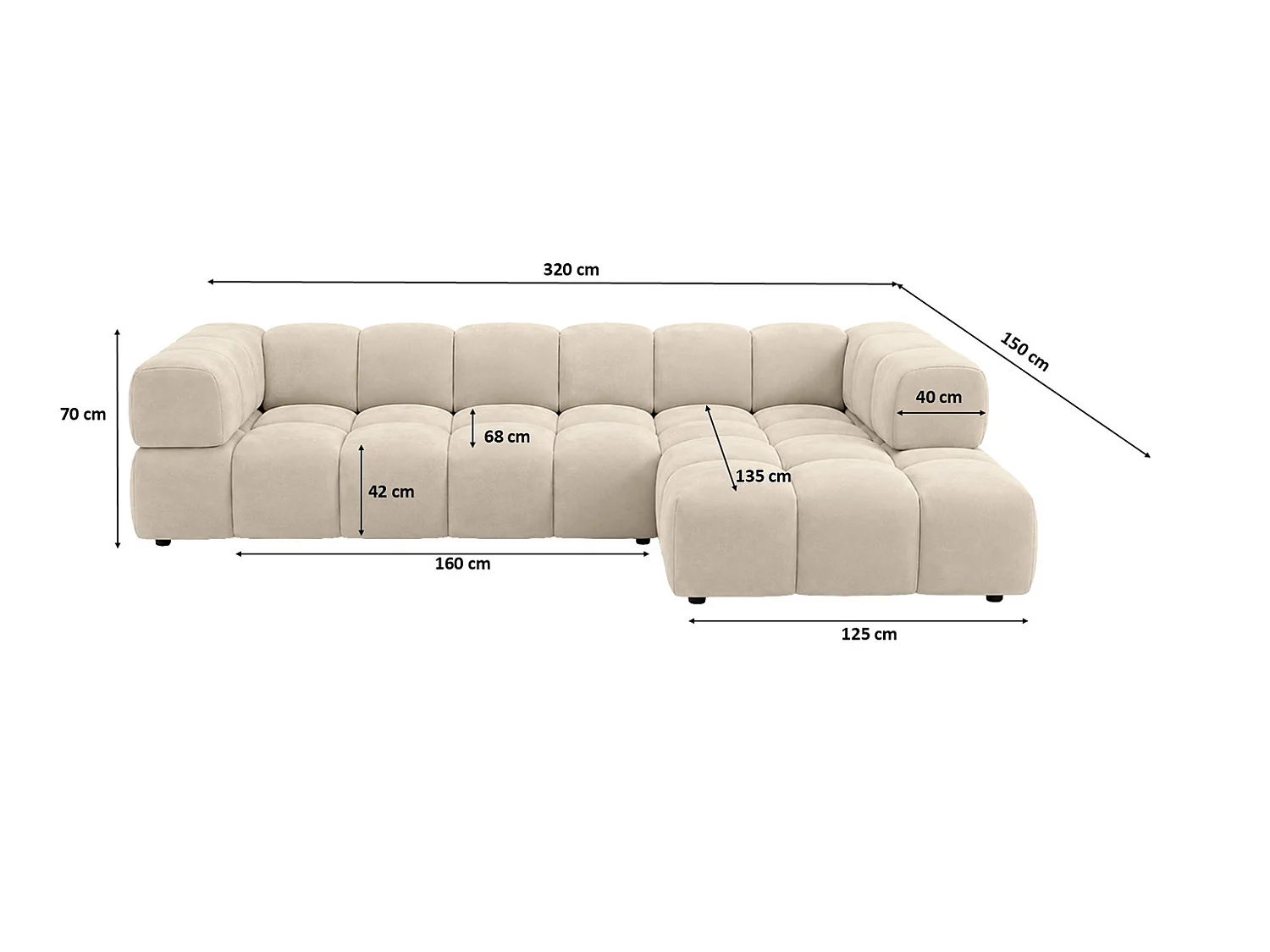 Divano angolare a L, tessuto velluto Bluvel, crema, destra, Averro XL