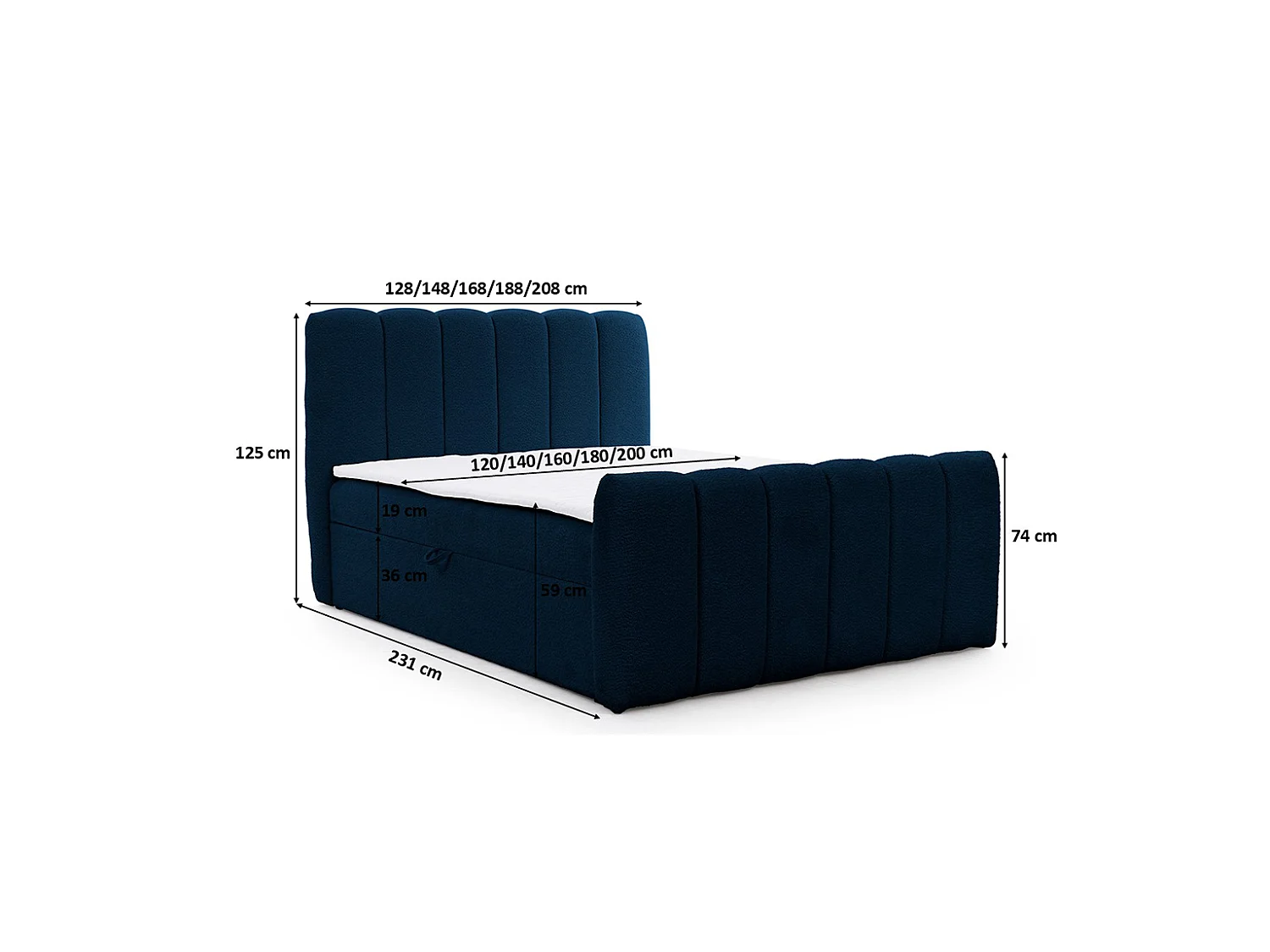 Lit boxspring avec deux coffres de rangement, tissu chenille Catch Me, bleu marine, 160x200 cm, CHLOE