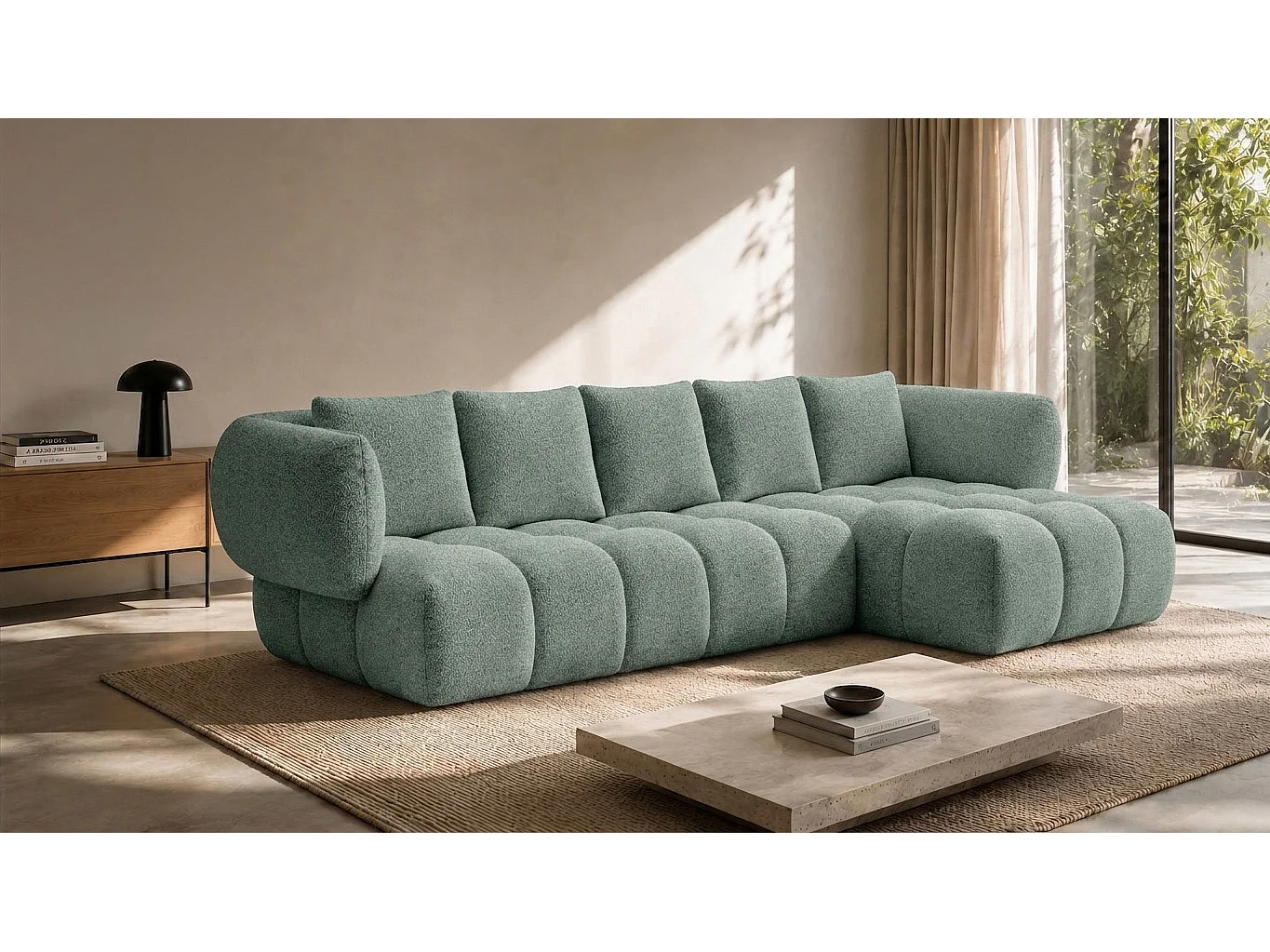 Canapé d’angle en L, tissu chenille Puente, menthe, droite, SEVIO L