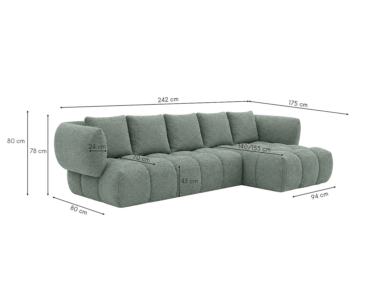 Canapé d’angle en L, tissu chenille Puente, menthe, droite, SEVIO L