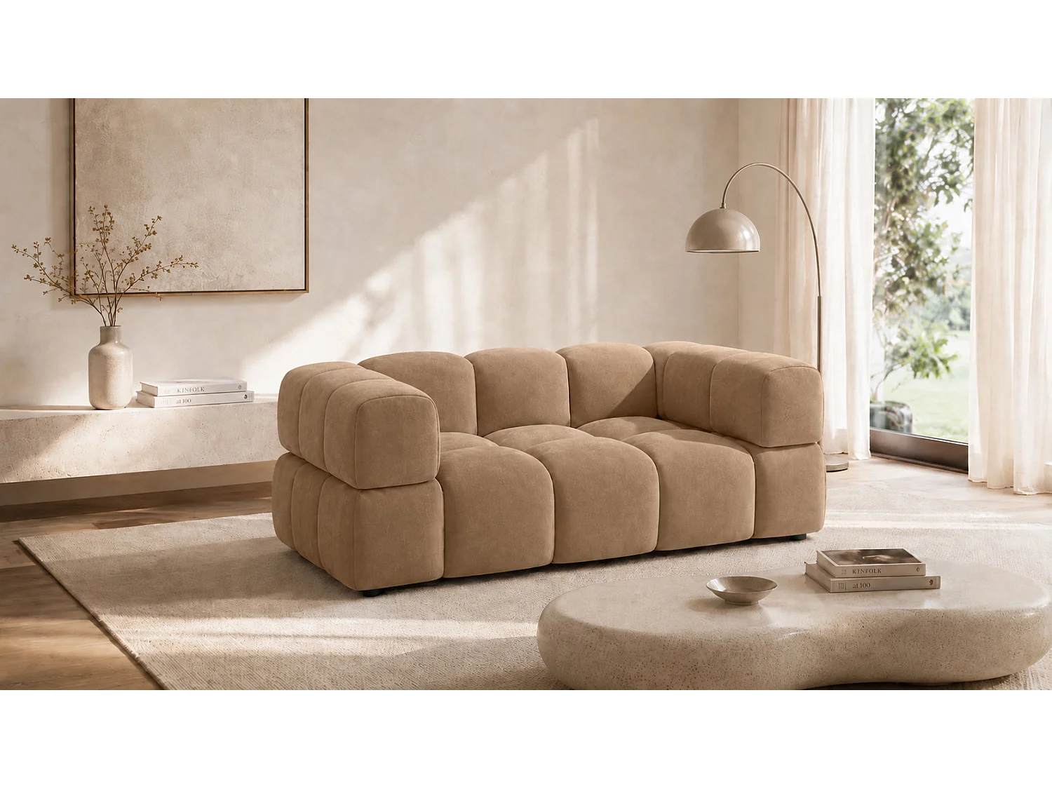 2-zitsbank, bank, veloursstof Bluvel, latte, Averro
