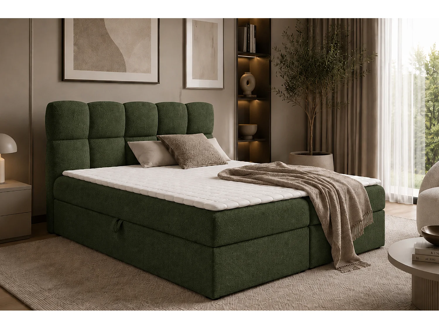 Lit boxspring avec deux coffres de rangement, tissu bouclé Coral, vert, 160x200 cm, NEGROS