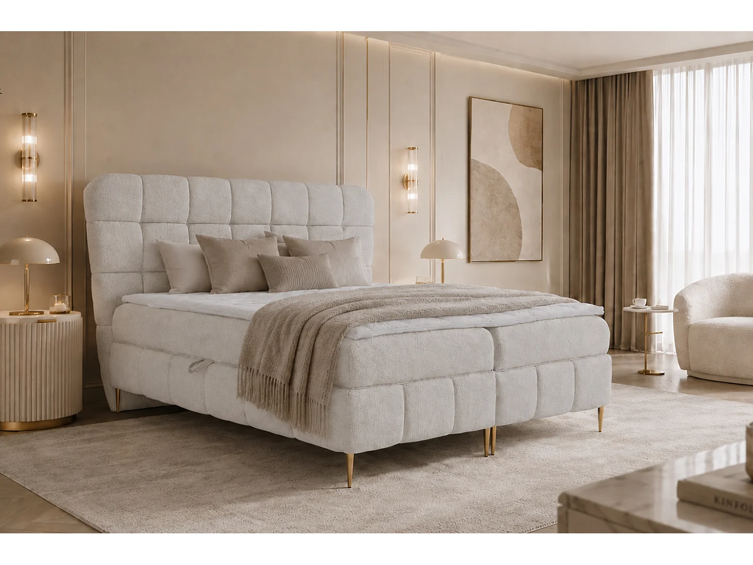 Lit boxspring avec deux coffres de rangement, tissu Corbett, écru, 120x200 cm, LOLLY
