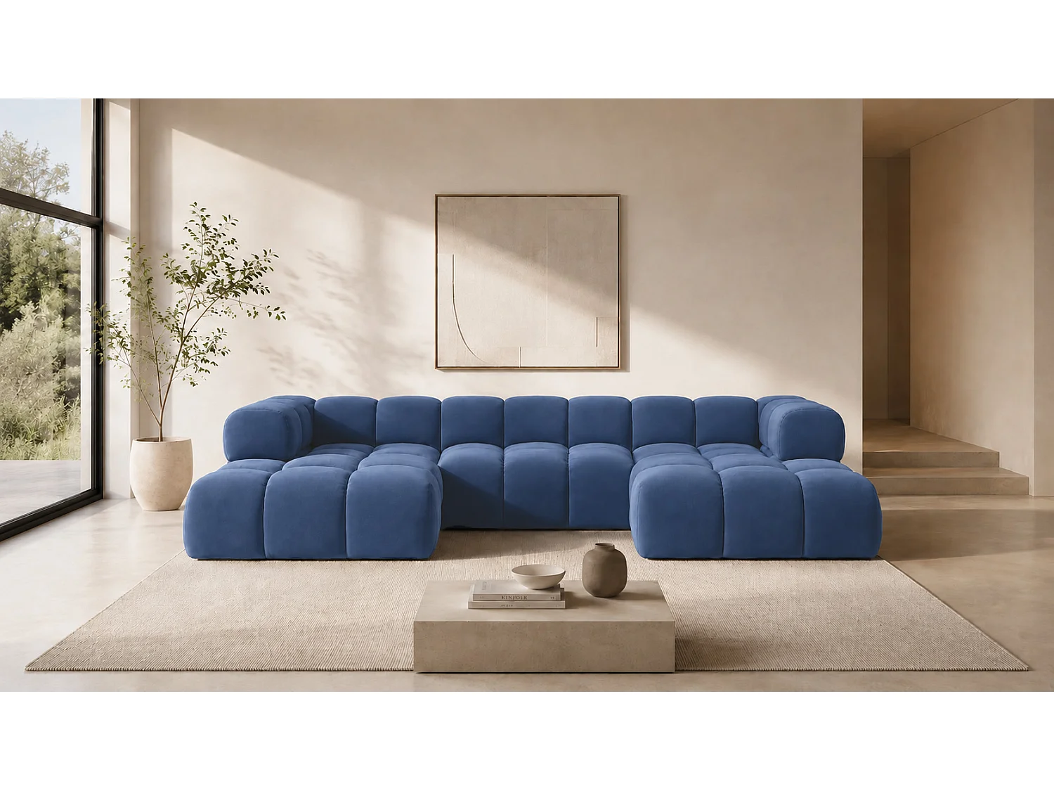 Divano angolare a U, tessuto velluto Bluvel, blu inchiostro, Averro U