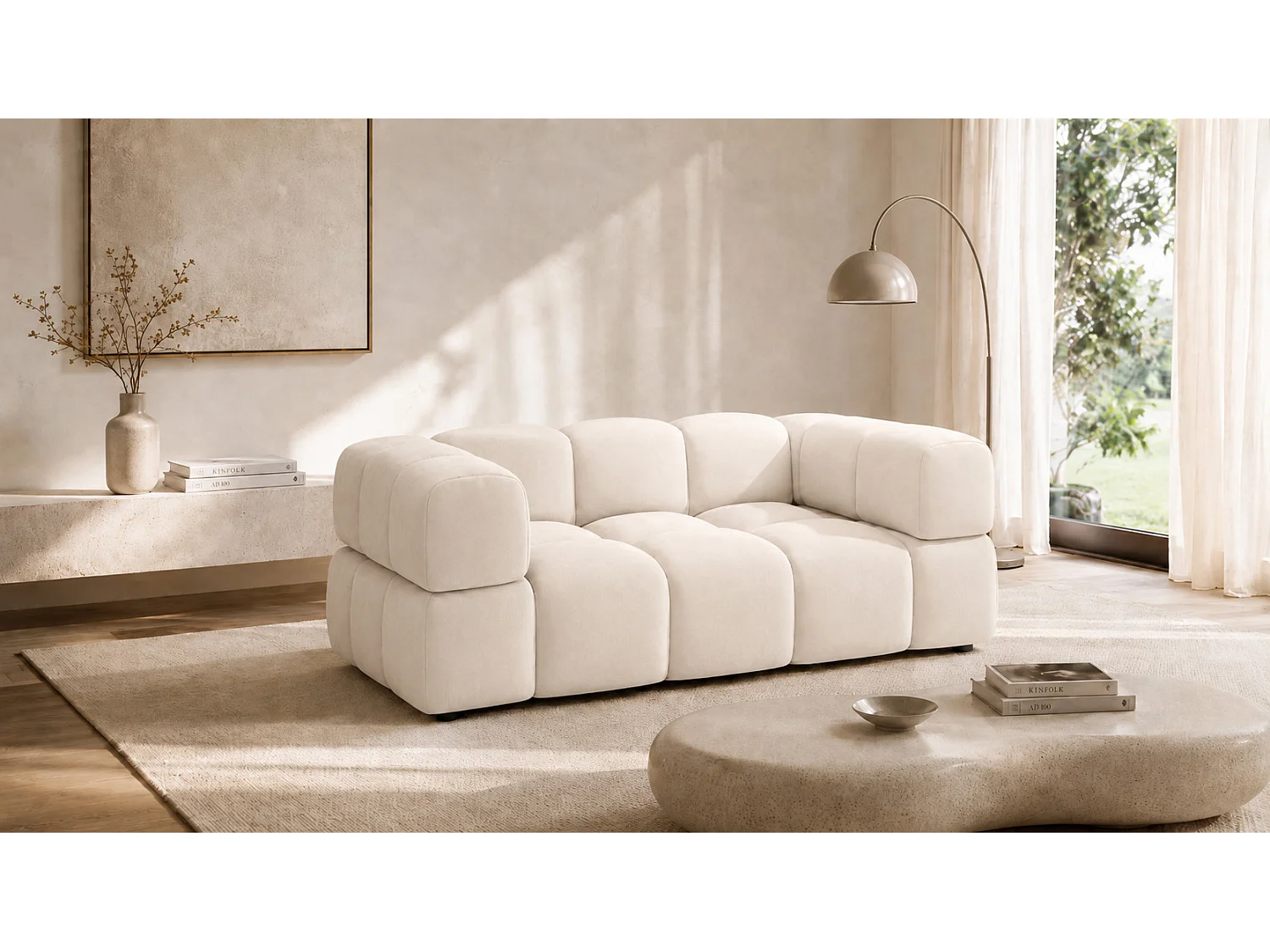2-zitsbank, bank, veloursstof Bluvel, crème, Averro