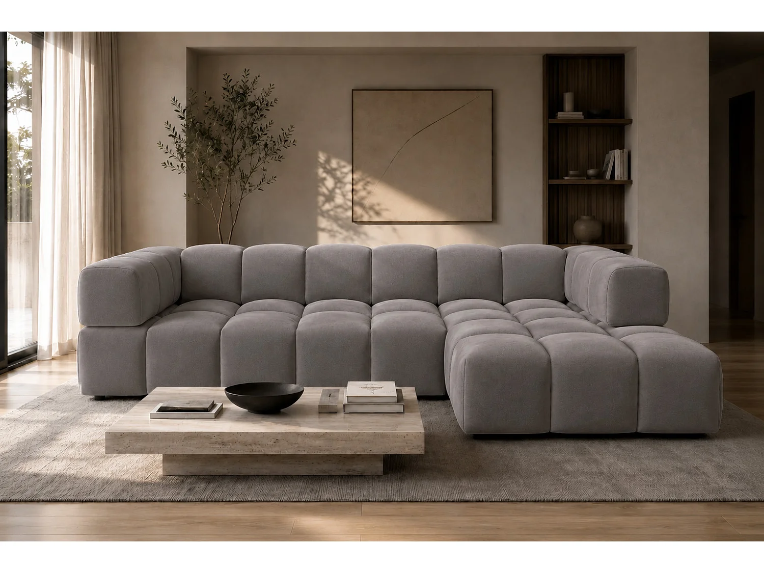 Canapé d’angle en L, tissu velours Bluvel, gris cendré, droite, Averro XL