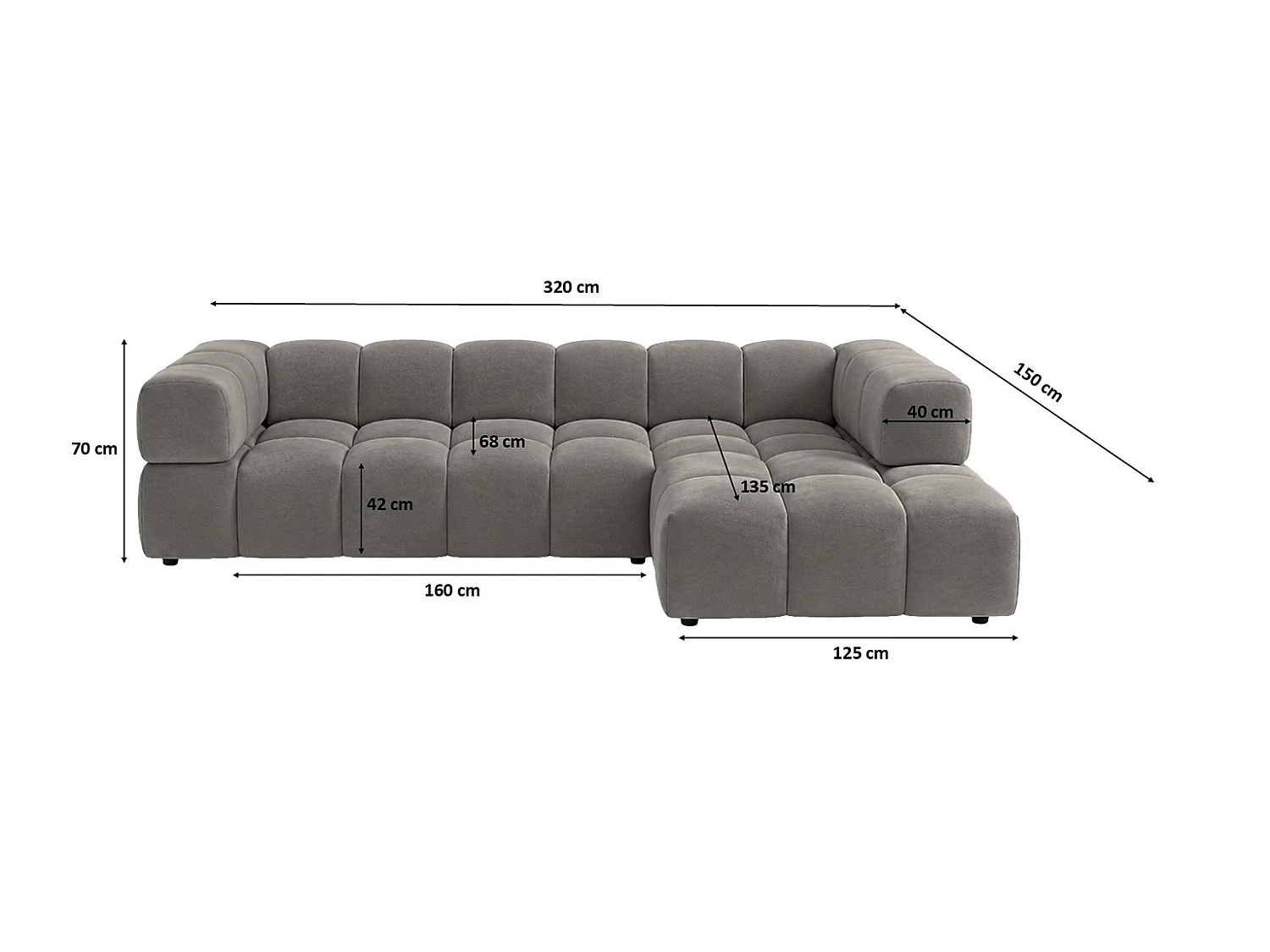 Canapé d’angle en L, tissu velours Bluvel, gris cendré, droite, Averro XL