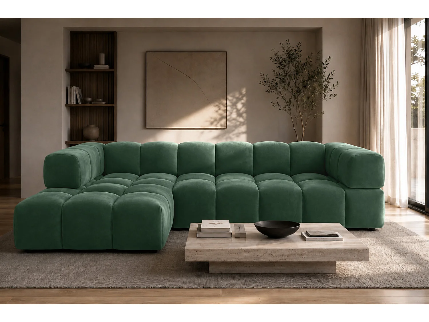 Divano angolare a L, tessuto velluto Bluvel, verde, sinistra, Averro XL