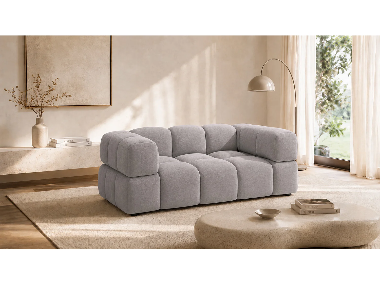 Canapé 2 places, canapé, tissu velours Bluvel, gris cendré, Averro