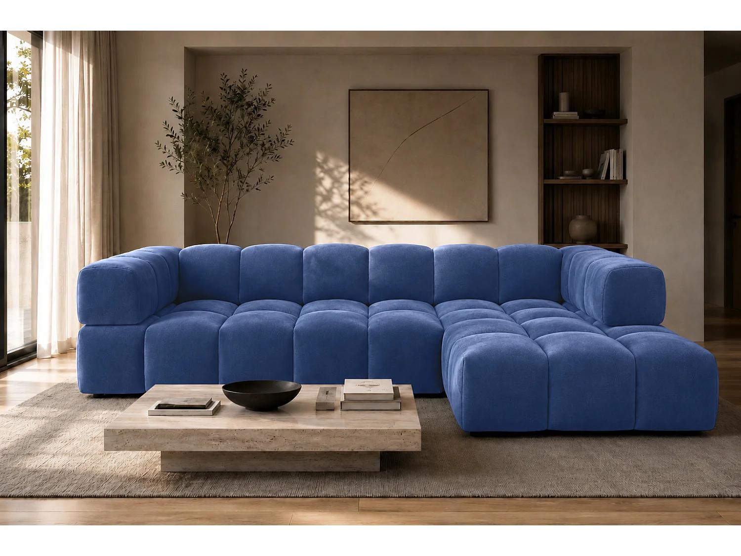 Divano angolare a L, tessuto velluto Bluvel, blu inchiostro, destra, Averro XL