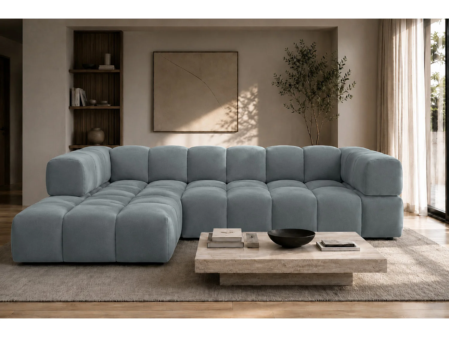 Canapé d’angle en L, tissu velours Bluvel, bleu-gris, gauche, Averro XL