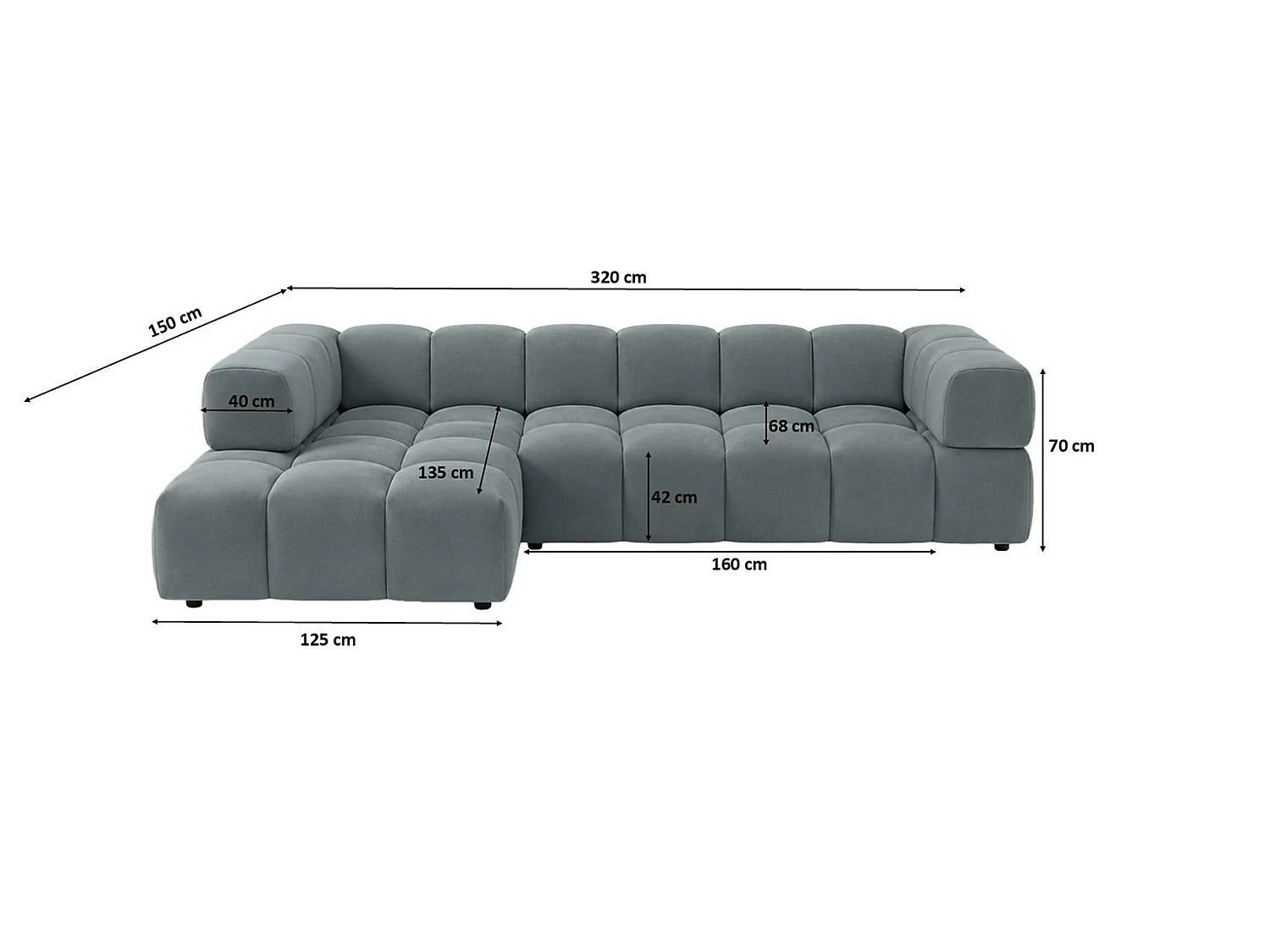 Canapé d’angle en L, tissu velours Bluvel, bleu-gris, gauche, Averro XL