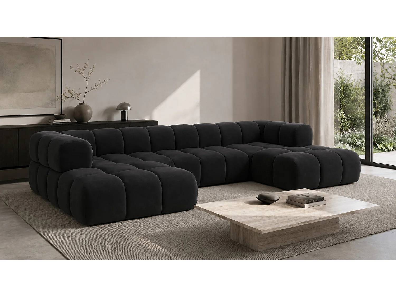 Divano angolare a U, tessuto velluto Bluvel, nero, Averro U XL