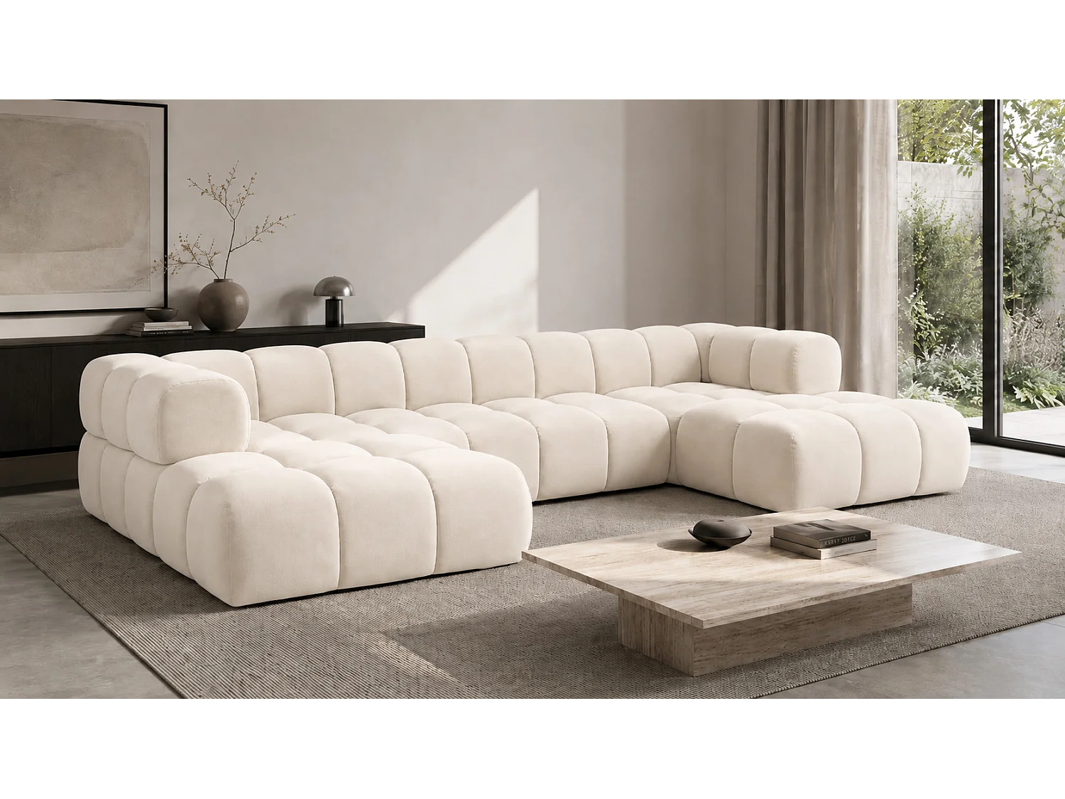 Divano angolare a U, tessuto velluto Bluvel, crema, Averro U XL