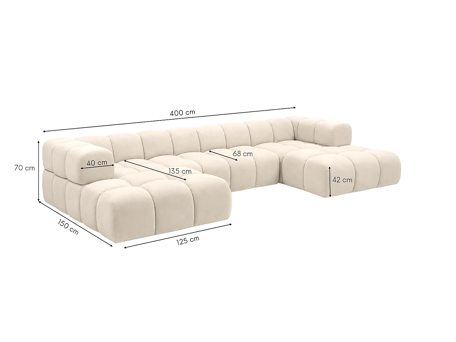 Divano angolare a U, tessuto velluto Bluvel, crema, Averro U XL