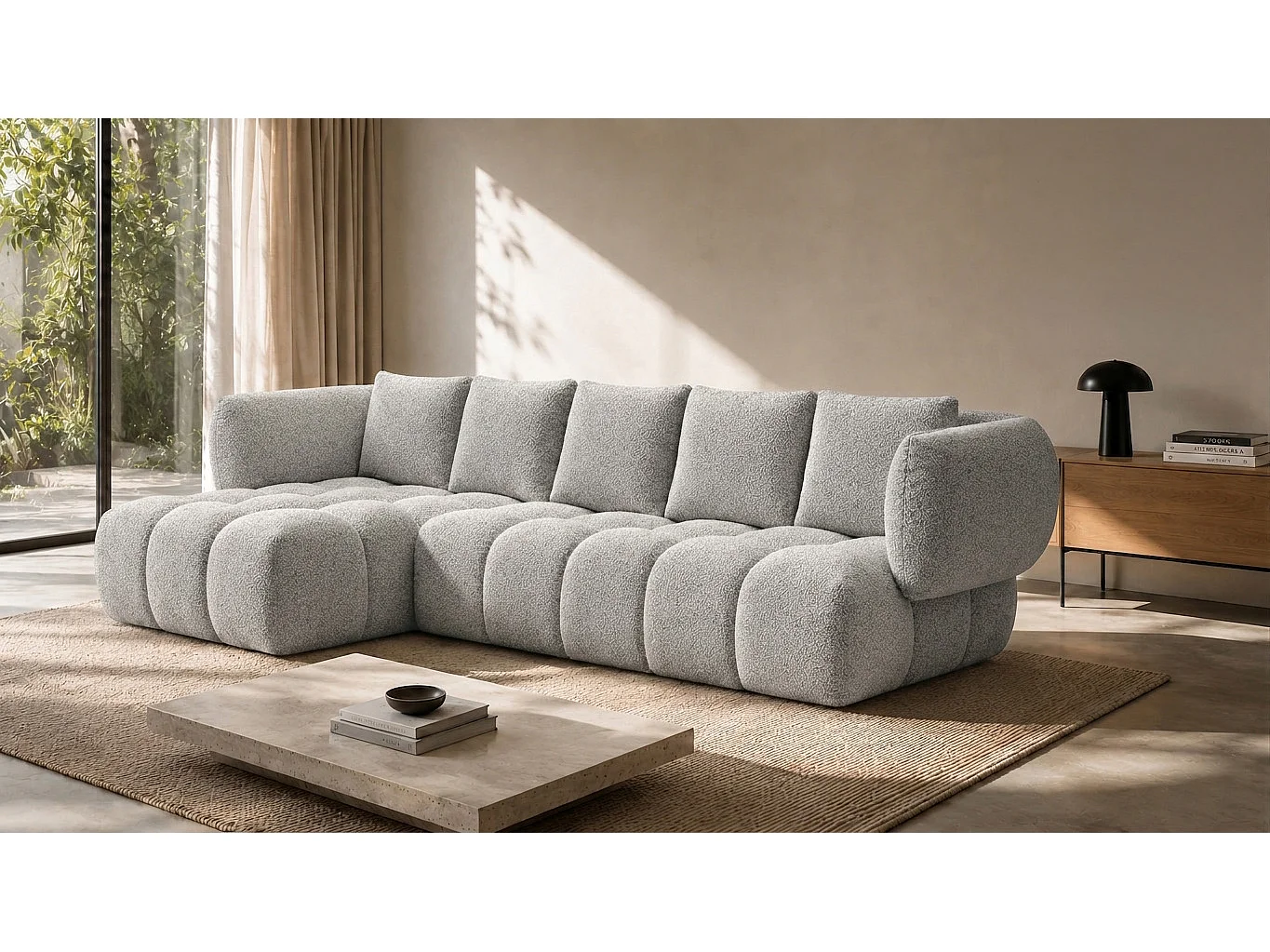 Canapé d’angle en L, tissu chenille Puente, beige, gauche, SEVIO L