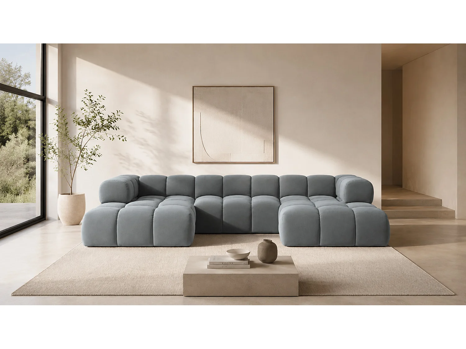 Canapé d’angle en U, tissu velours Bluvel, bleu-gris, Averro U