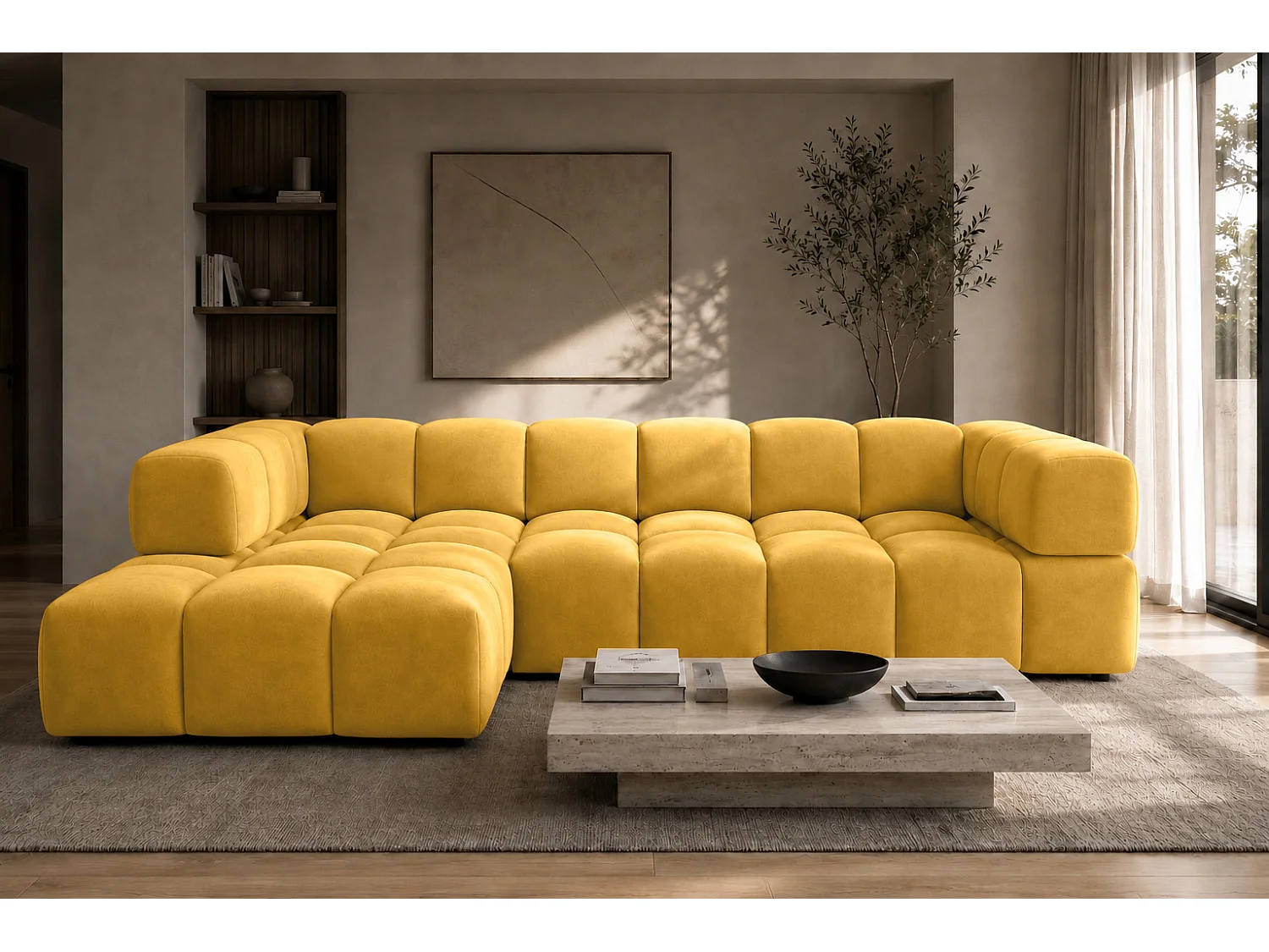 Divano angolare a L, tessuto velluto Bluvel, dorato, sinistra, Averro XL