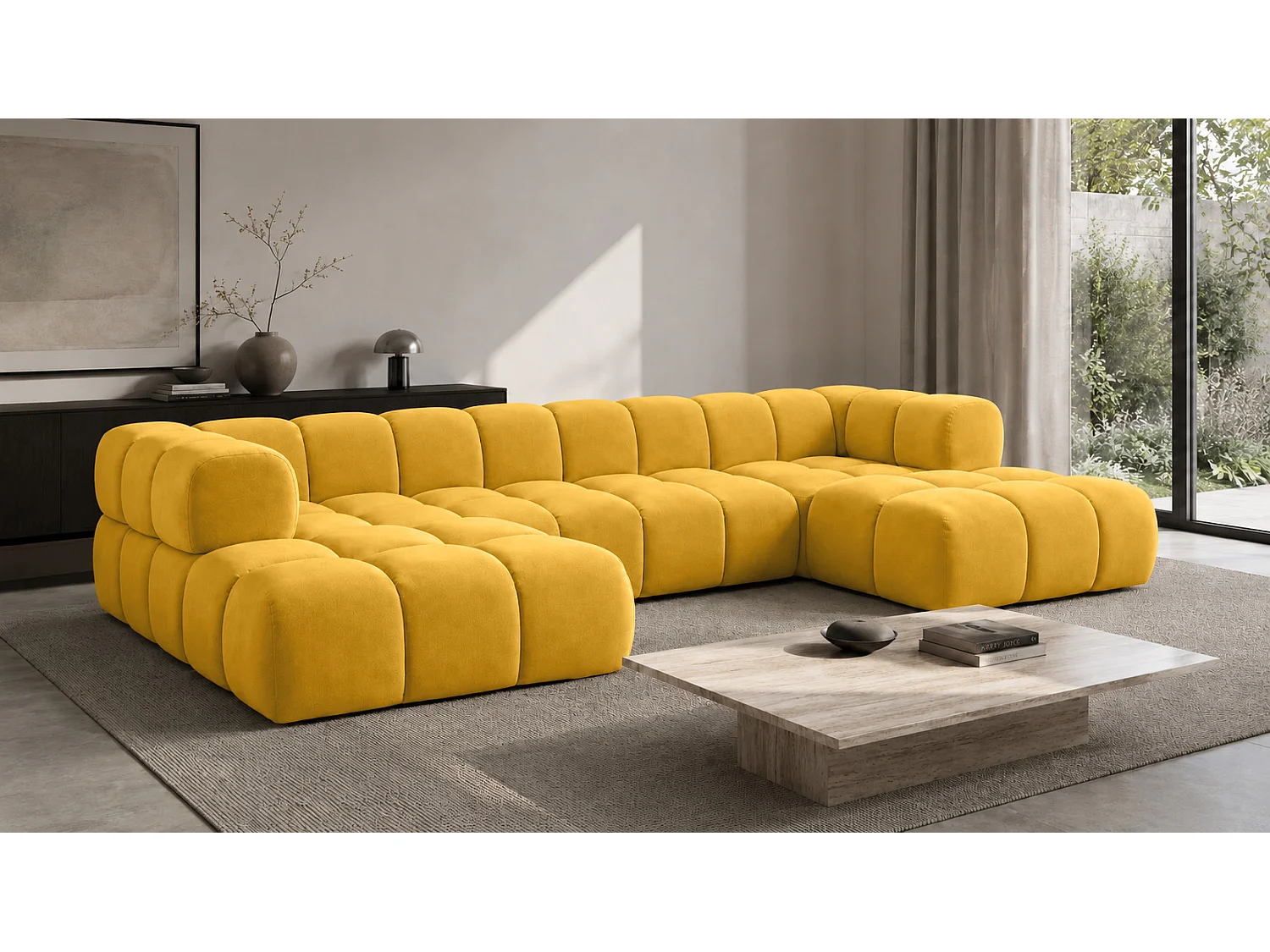 Divano angolare a U, tessuto velluto Bluvel, dorato, Averro U XL