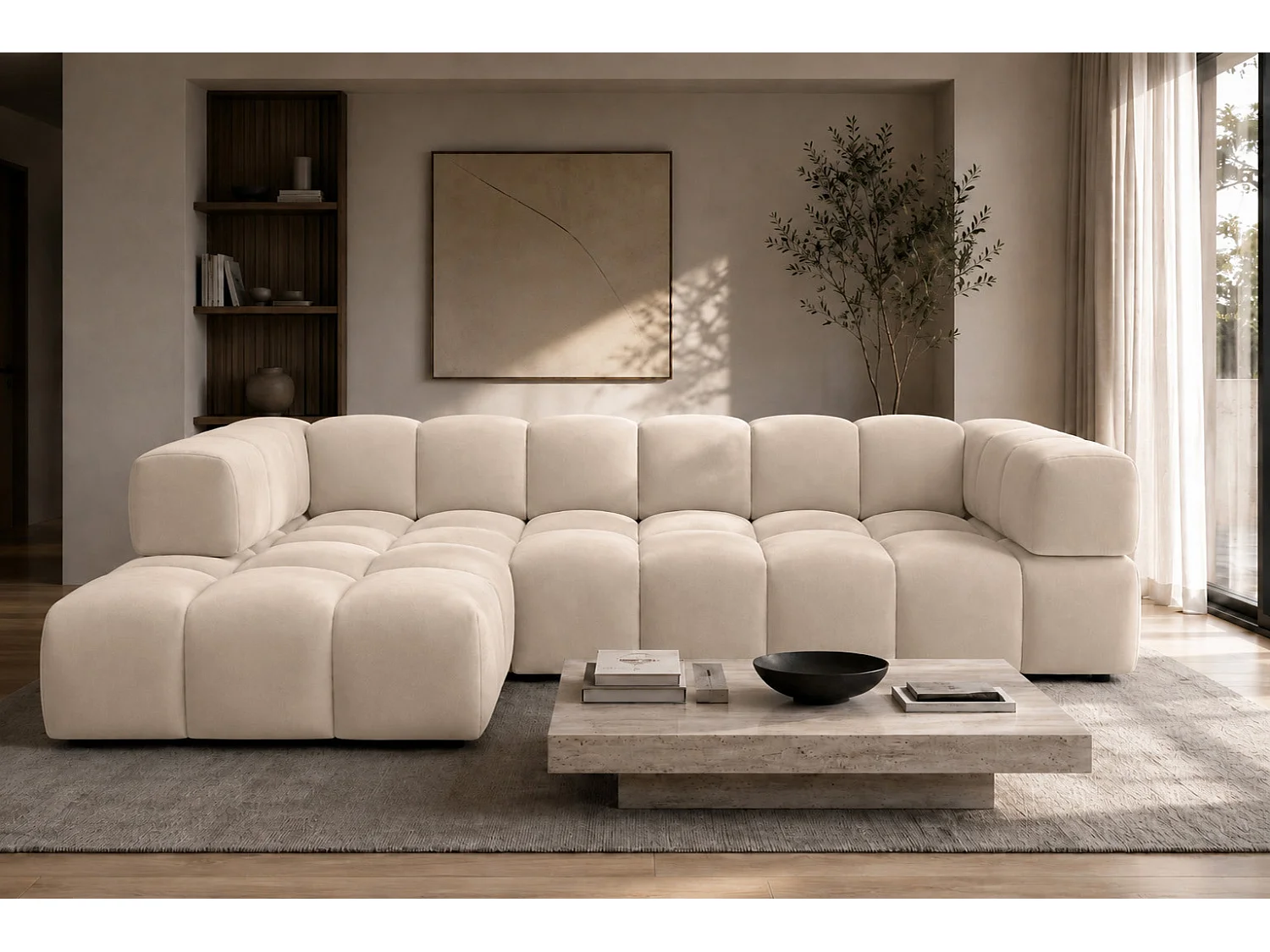 Divano angolare a L, tessuto velluto Bluvel, crema, sinistra, Averro XL