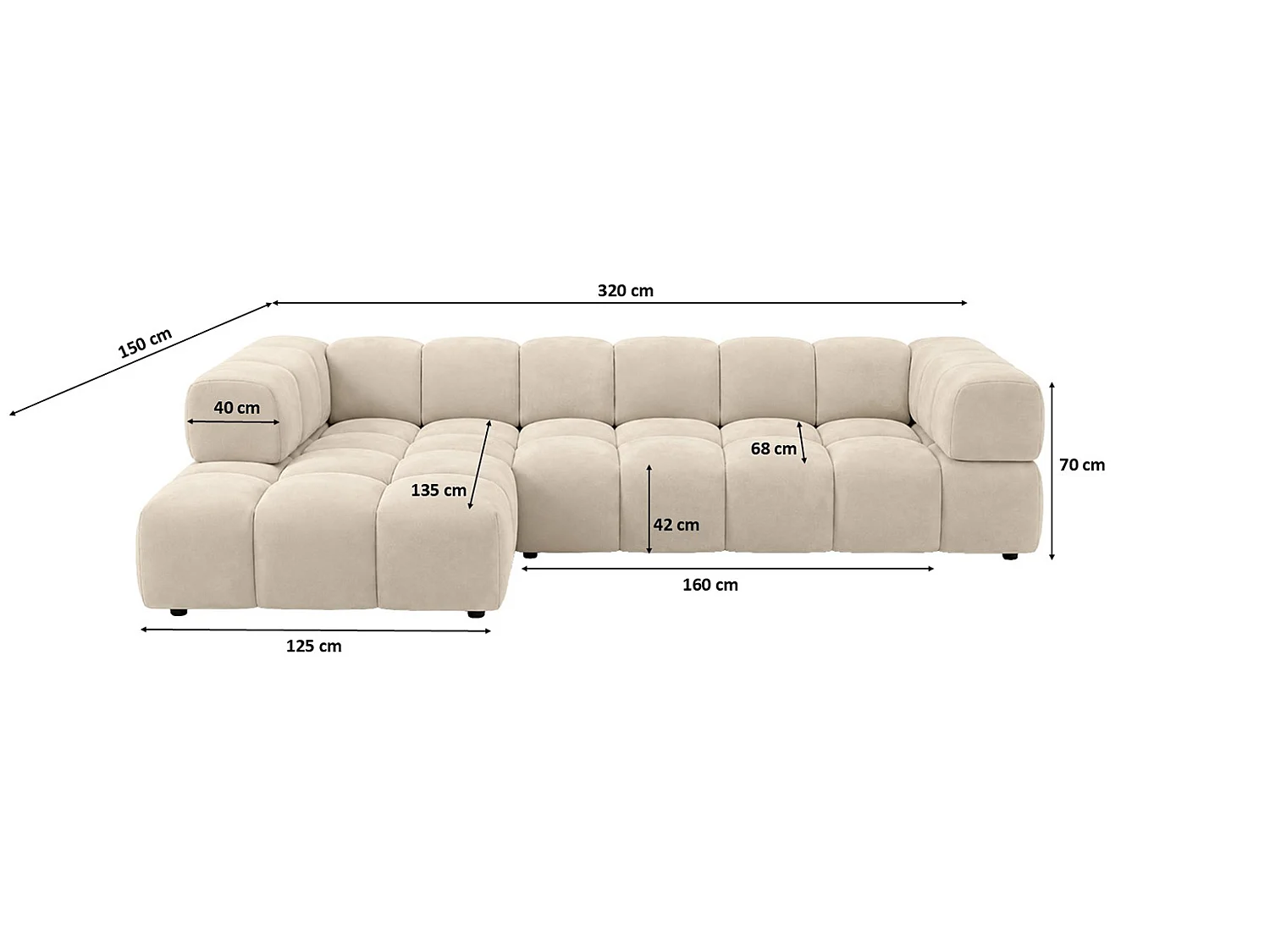 Divano angolare a L, tessuto velluto Bluvel, crema, sinistra, Averro XL