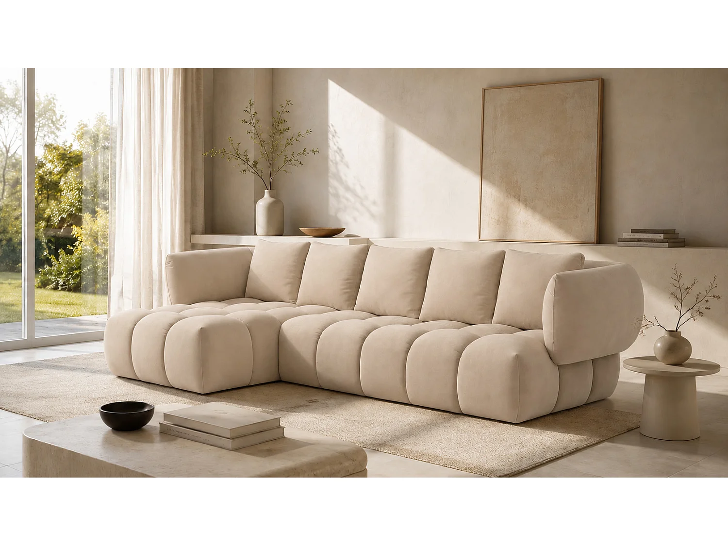 Divano angolare a L, tessuto velluto Bluvel, crema, sinistra, SEVIO L