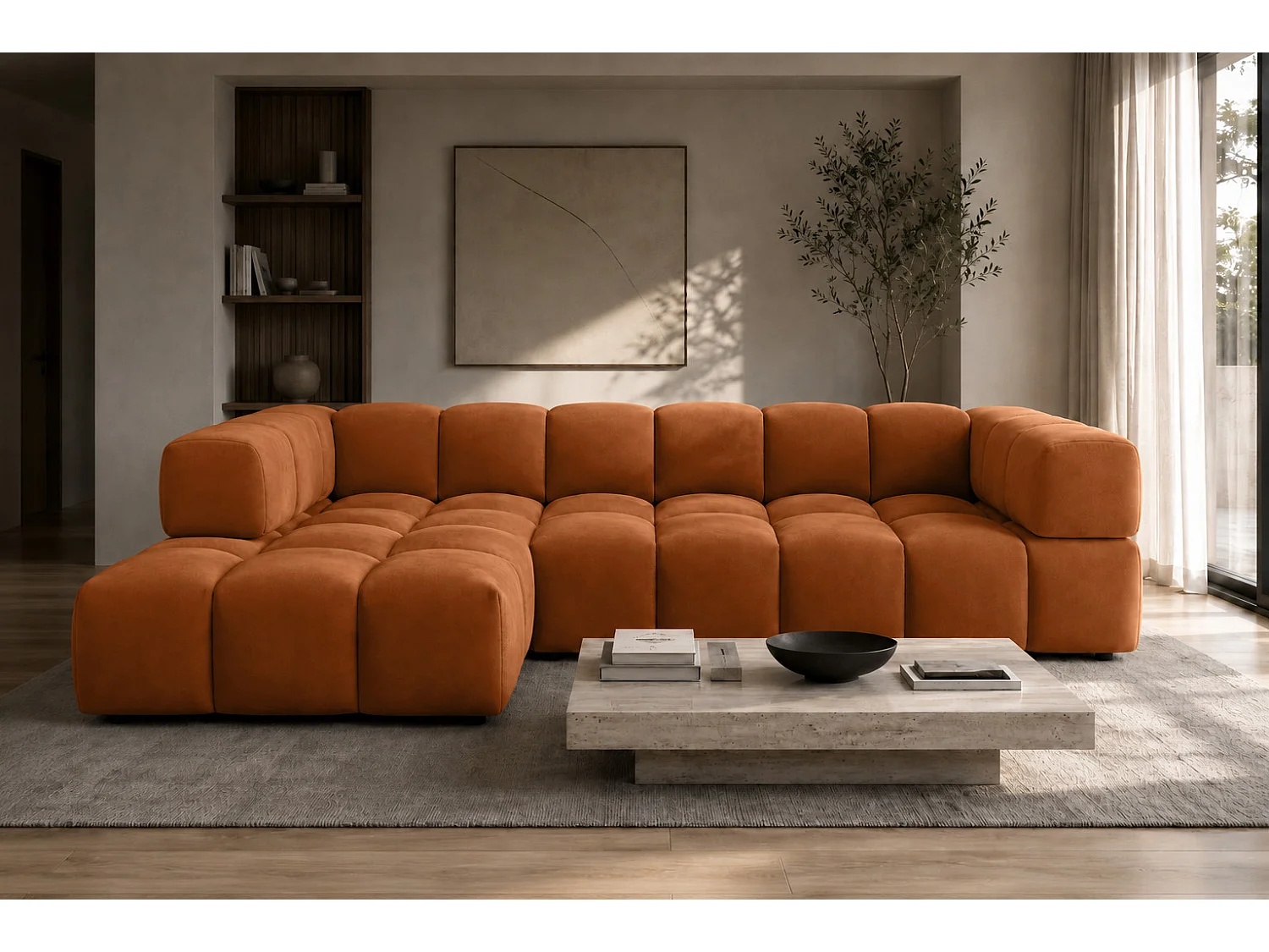 Divano angolare a L, tessuto velluto Bluvel, color cannella, sinistra, Averro XL