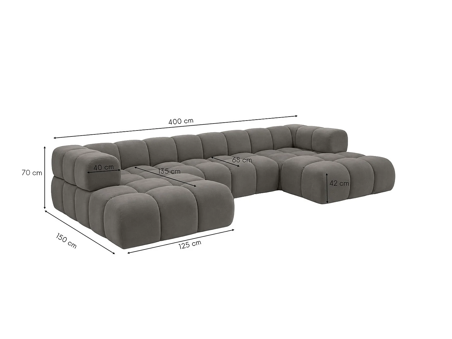 Canapé d’angle en U, tissu velours Bluvel, gris cendré, Averro U XL